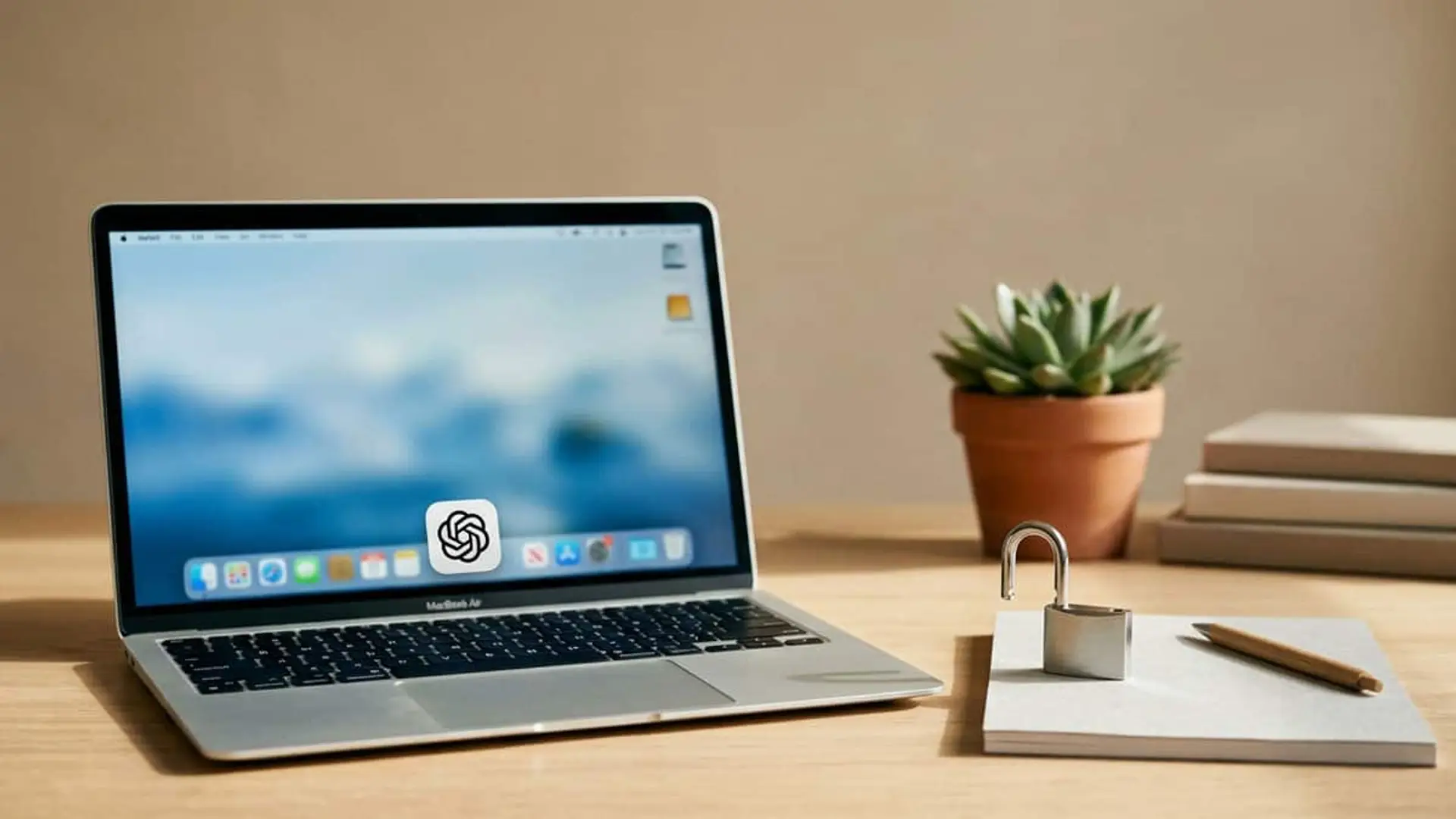 OpenAI reconoce que las memorias de ChatGPT en tu Mac no están cifradas: los dos riesgos que supone Ordenador portátil Mac con el logotipo de ChatGPT junto a un candado abierto sobre un escritorio