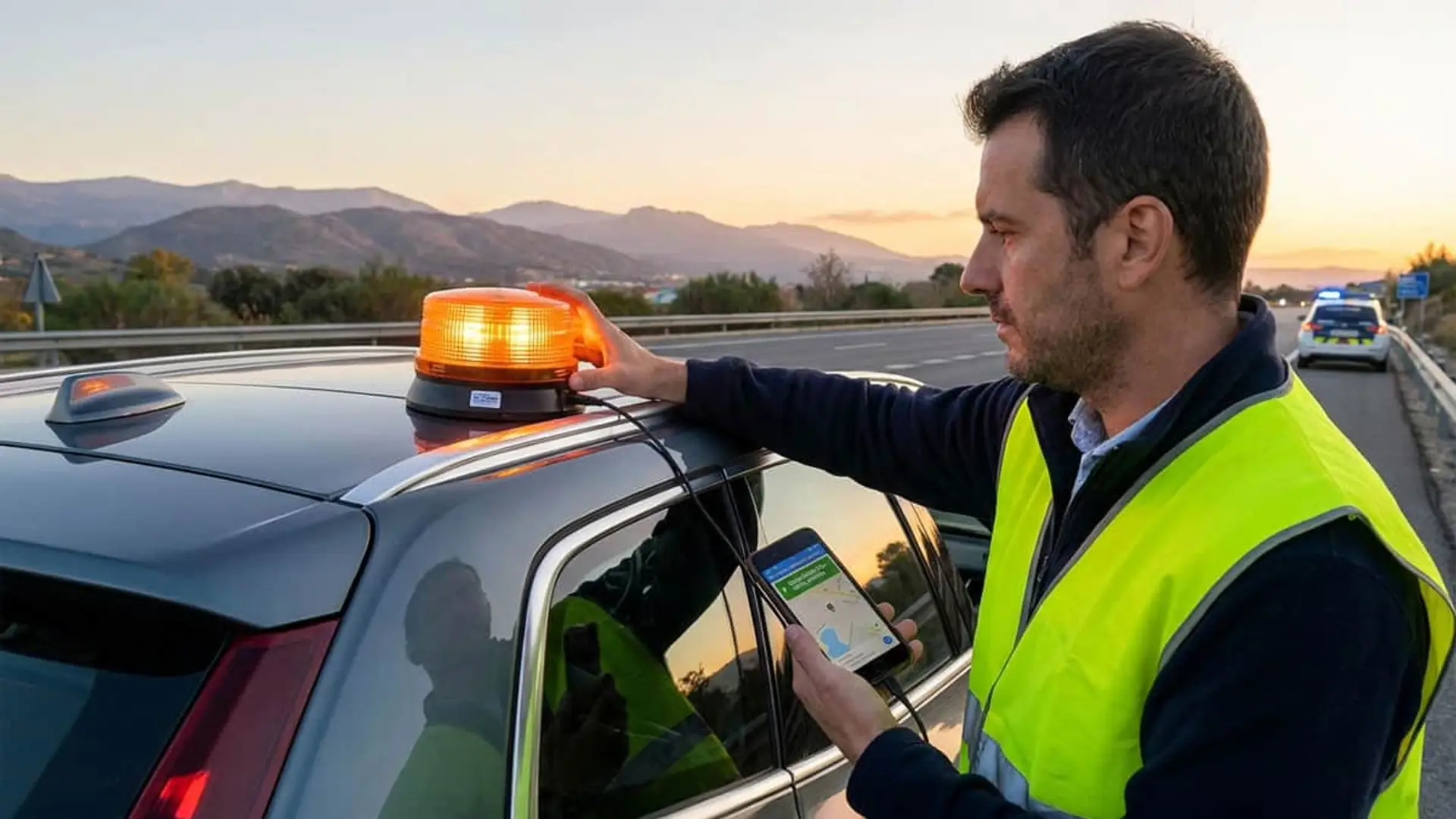 Encender la baliza V16 para probarla puede salirte muy caro: así puedes hacerlo sin que te multen Agente de la Guardia Civil indicando parada a conductor en carretera rural con baliza V16.