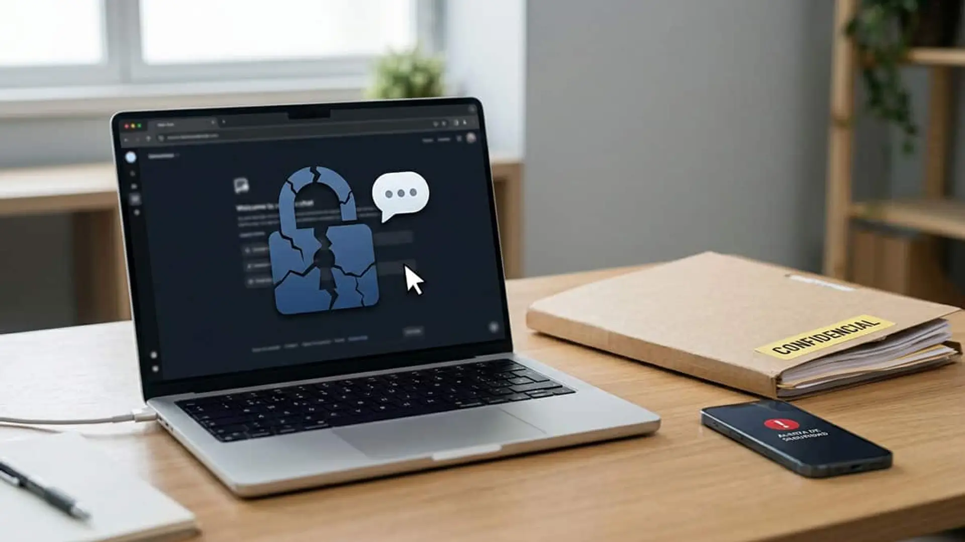 Ordenador con icono de chatbot comprometido junto a documentación confidencial y un móvil con alerta de seguridad