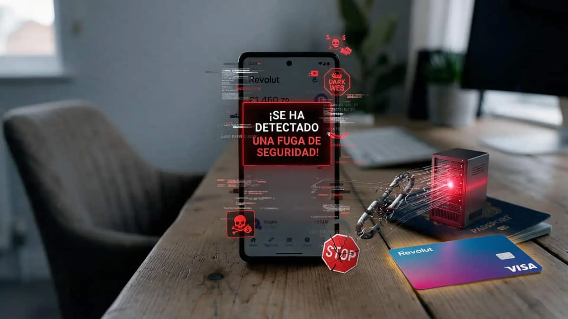 Móvil con la app de Revolut mostrando una alerta por fuga de seguridad junto a una tarjeta bancaria