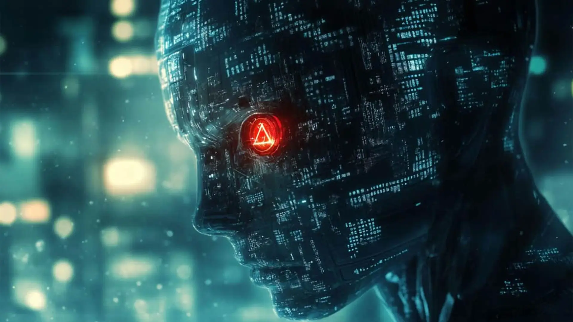 Cabeza de inteligencia artificial con ojo rojo y circuitos digitales, simbolizando la IA avanzada y ciberseguridad.