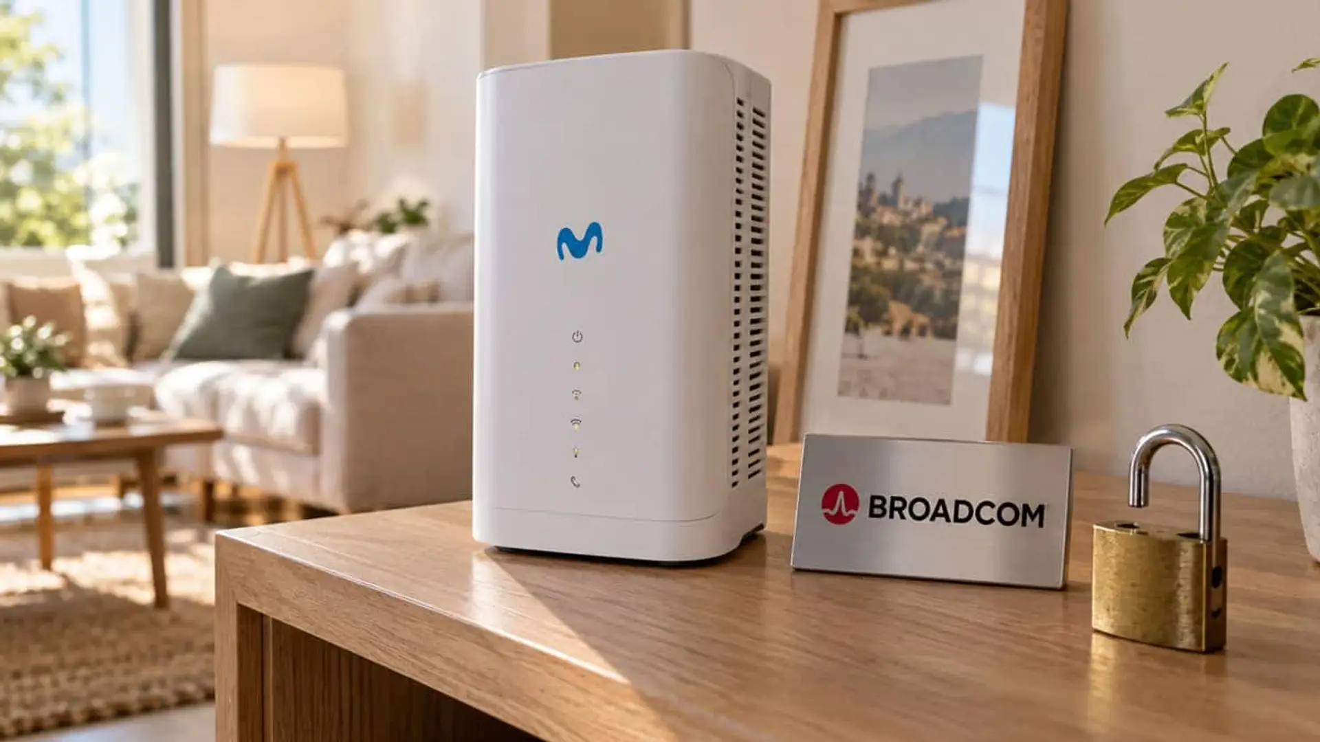 Vulnerabilidad en routers de Movistar, O2 y MásMóvil: qué se sabe y qué no del fallo de Broadcom Router blanco de Movistar junto a una placa con el logotipo de Broadcom y un candado dorado sobre un mueble de salón.