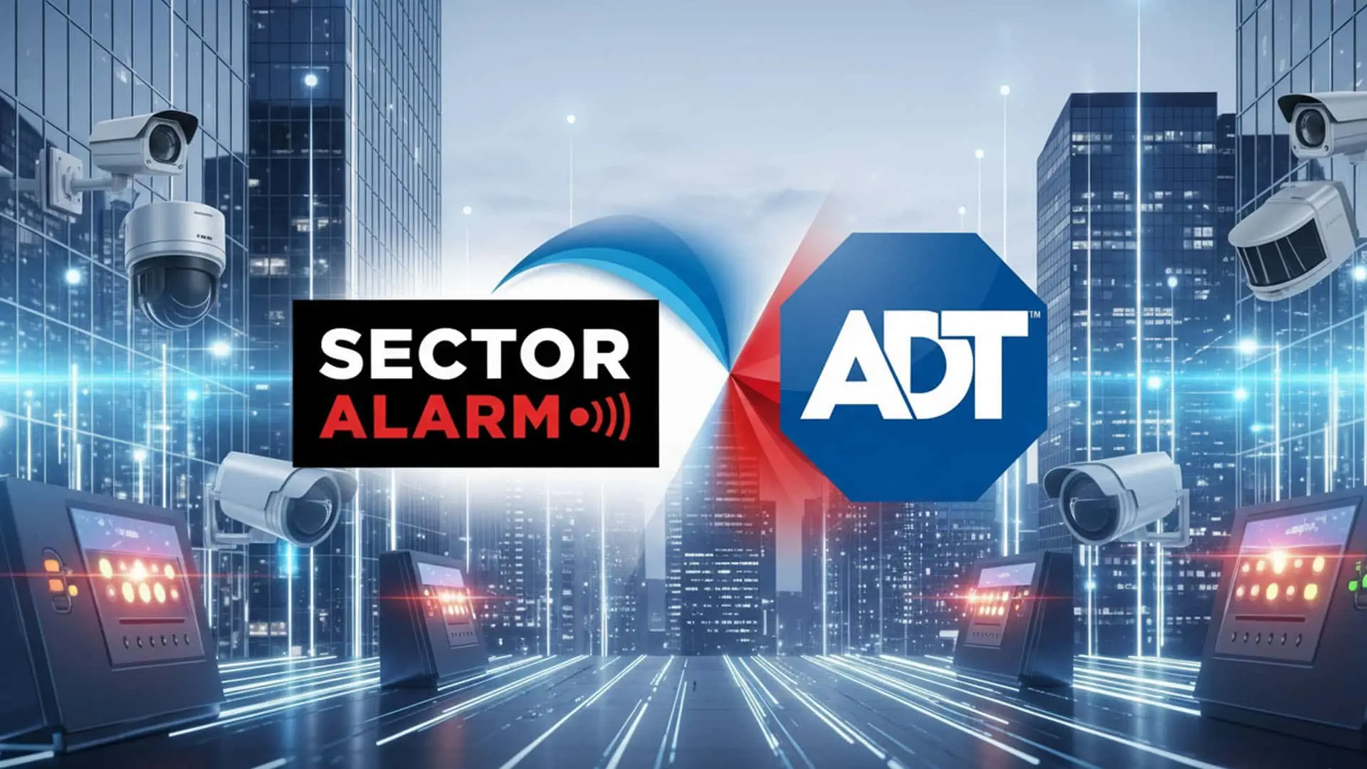 Sector Alarm ultima la compra de ADT: así revolucionará el mercado Logotipos de Sector Alarm y ADT rodeados de cámaras de seguridad y sistemas de control.