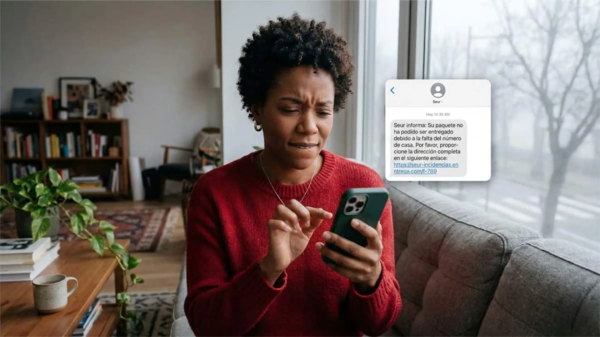 Mujer revisando un SMS fraudulento que suplanta a SEUR sobre un supuesto problema con la entrega de un paquete.