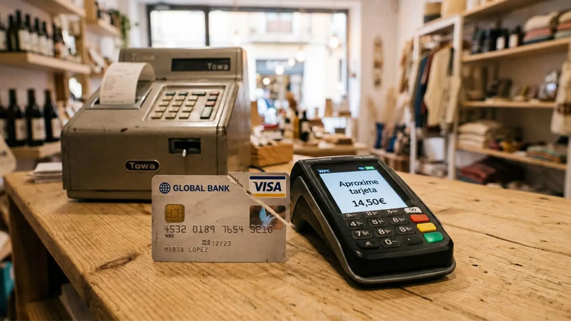Tarjeta bancaria caducada junto a un datáfono mostrando un pago de 14,50 euros