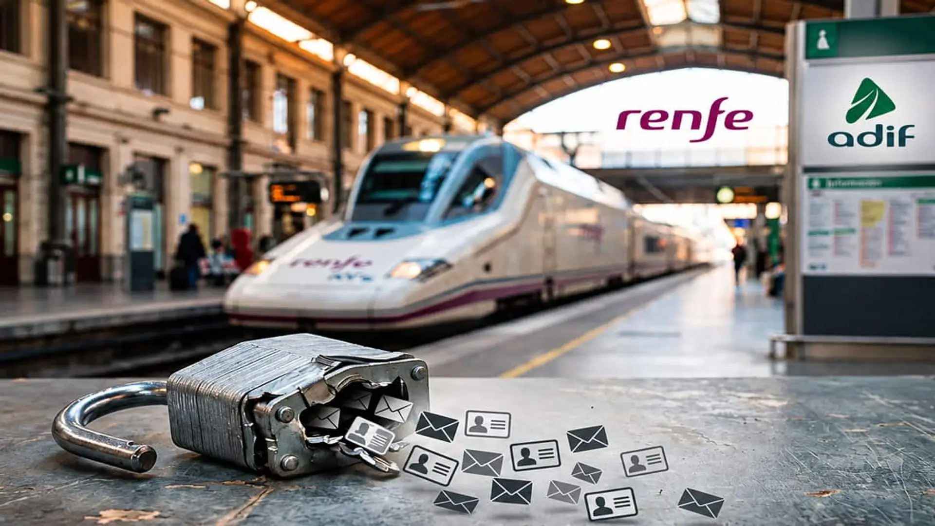 Renfe confirma que un ciberataque con origen en Adif expuso nombres y correos de clientes Tren de Renfe en una estación de Adif junto a un candado roto y símbolos de datos personales