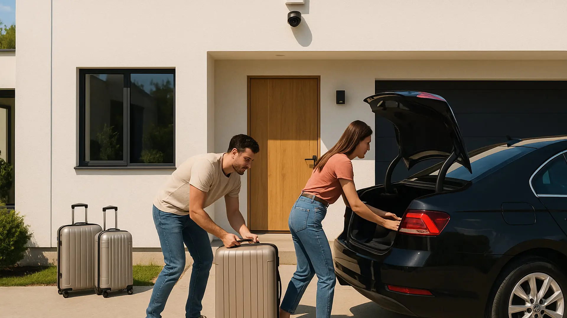 ¿Tu alarma te protege en vacaciones? Estos fallos podrían costarte caro Pareja cargando maletas en el coche frente a su casa, protegida con una cámara de seguridad, antes de irse de vacaciones.