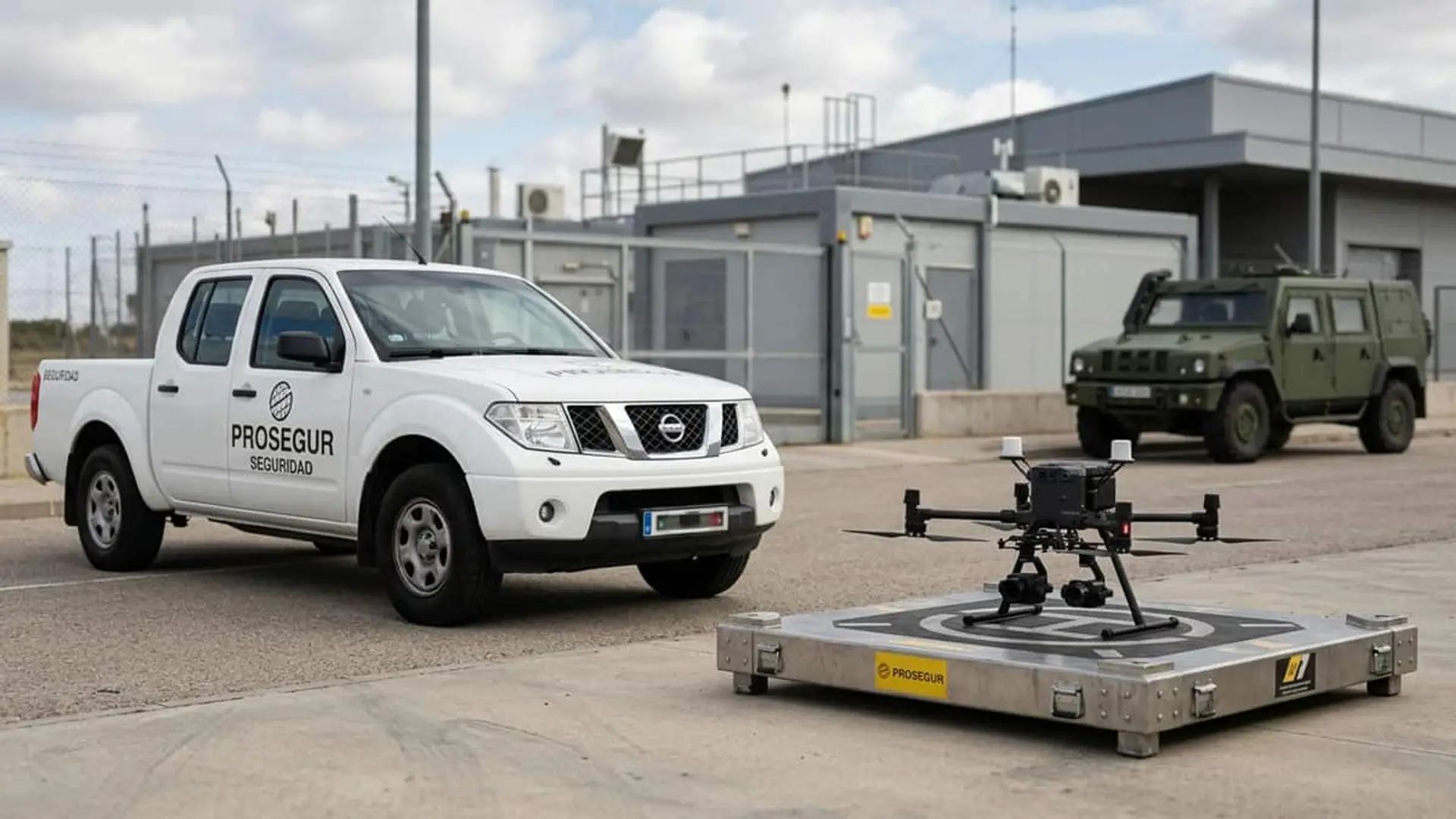 Por qué Prosegur entra en Defensa: un terreno “un poco gris” entre la seguridad privada y lo militar Camioneta de Prosegur Seguridad junto a un dron de vigilancia y un vehículo militar blindado en unas instalaciones valladas.