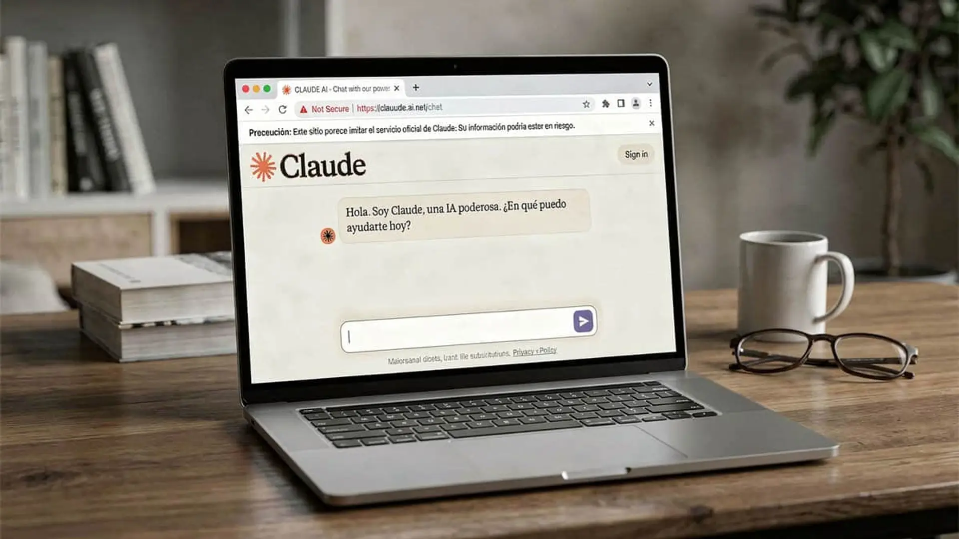 Interfaz de chat de Claude AI en un portátil con alerta de seguridad sobre el servicio oficial de la IA.