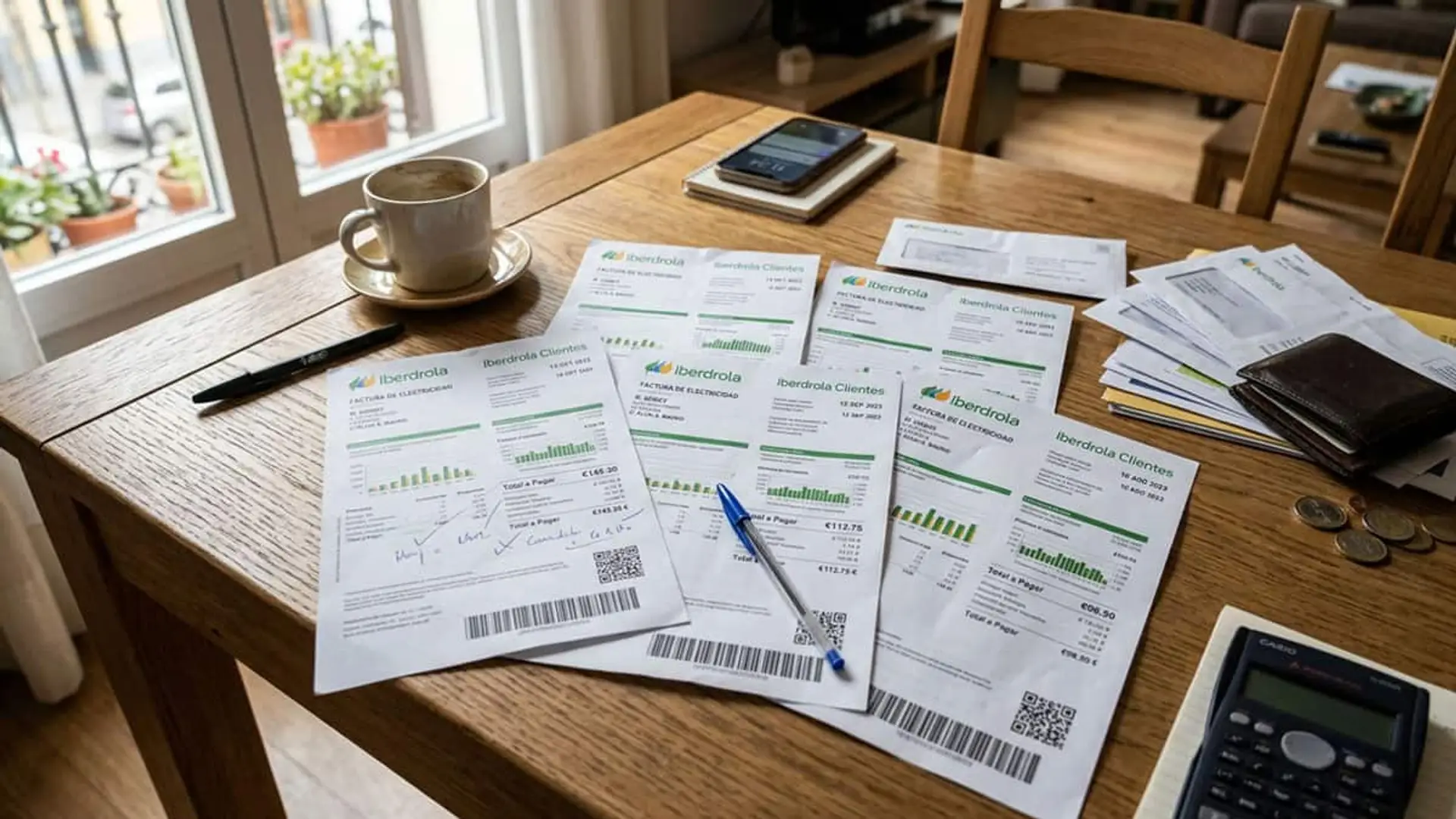 Varias facturas de Iberdrola sobre una mesa junto a calculadora, monedas y una taza de café.