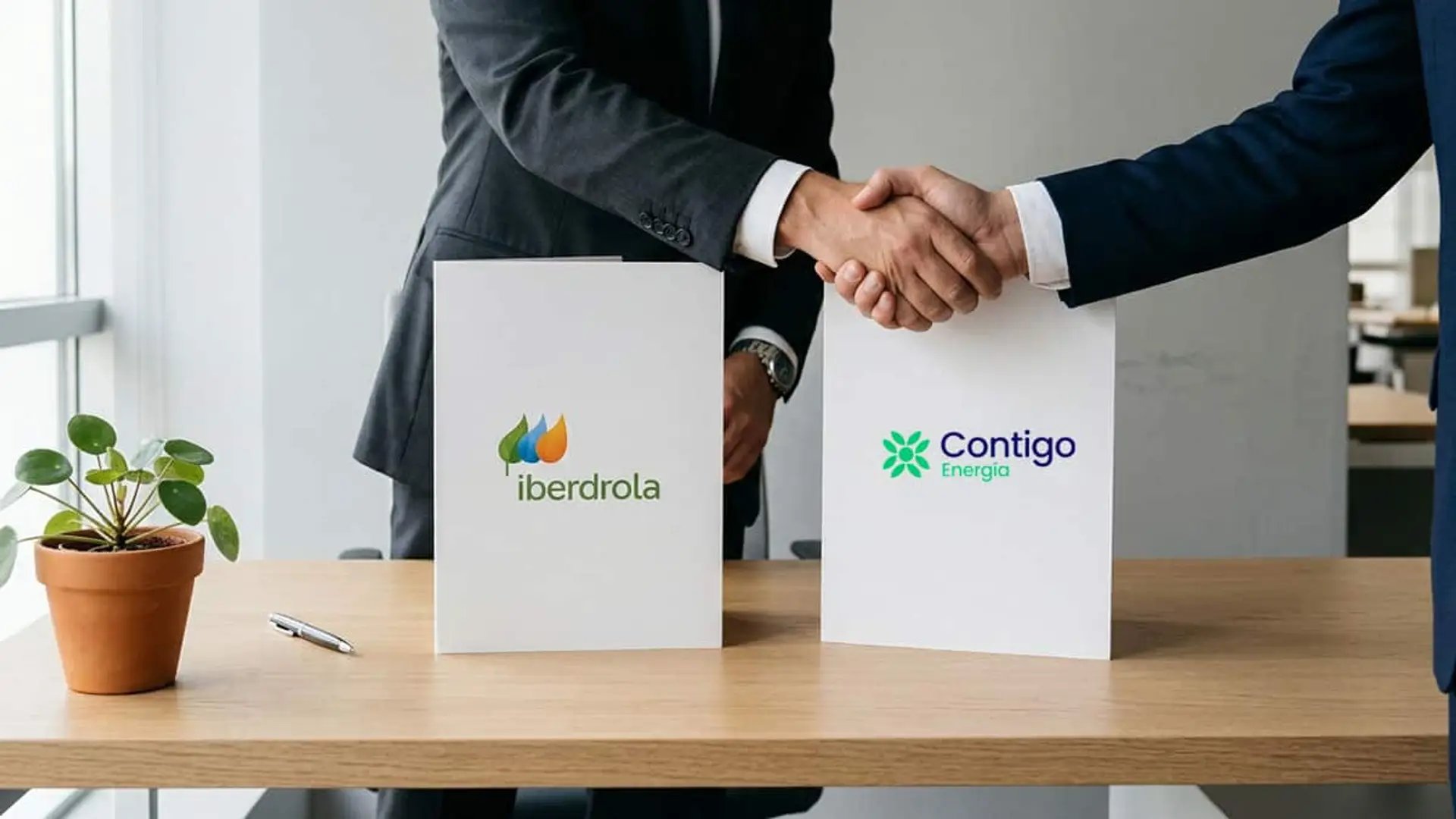 Iberdrola comprará el negocio de Contigo Energía con el sí de la CNMC, sin precio ni fecha de cierre Dos empresarios se estrechan la mano junto a dos documentos con los logotipos de Iberdrola y Contigo Energía sobre una mesa.