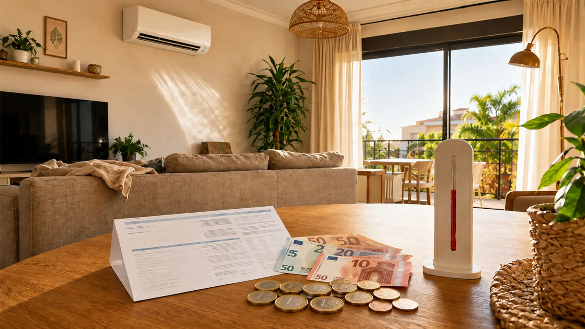 Salón luminoso con aire acondicionado, facturas, euros y termómetro sobre una mesa de madera.