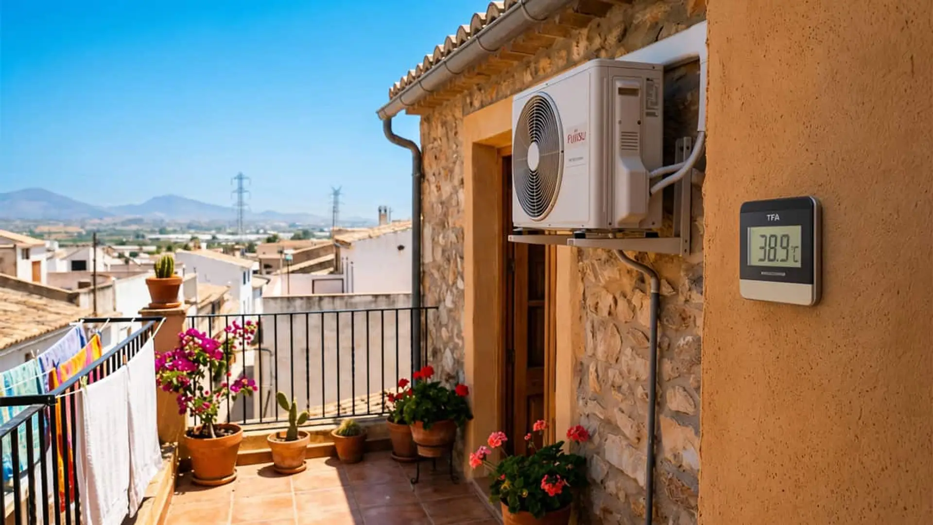 El precio de la luz sube un 30% en julio: la culpa es del calor, el poco viento y la falta de agua Unidad exterior de aire acondicionado instalada en una terraza junto a un termómetro que marca 39 grados
