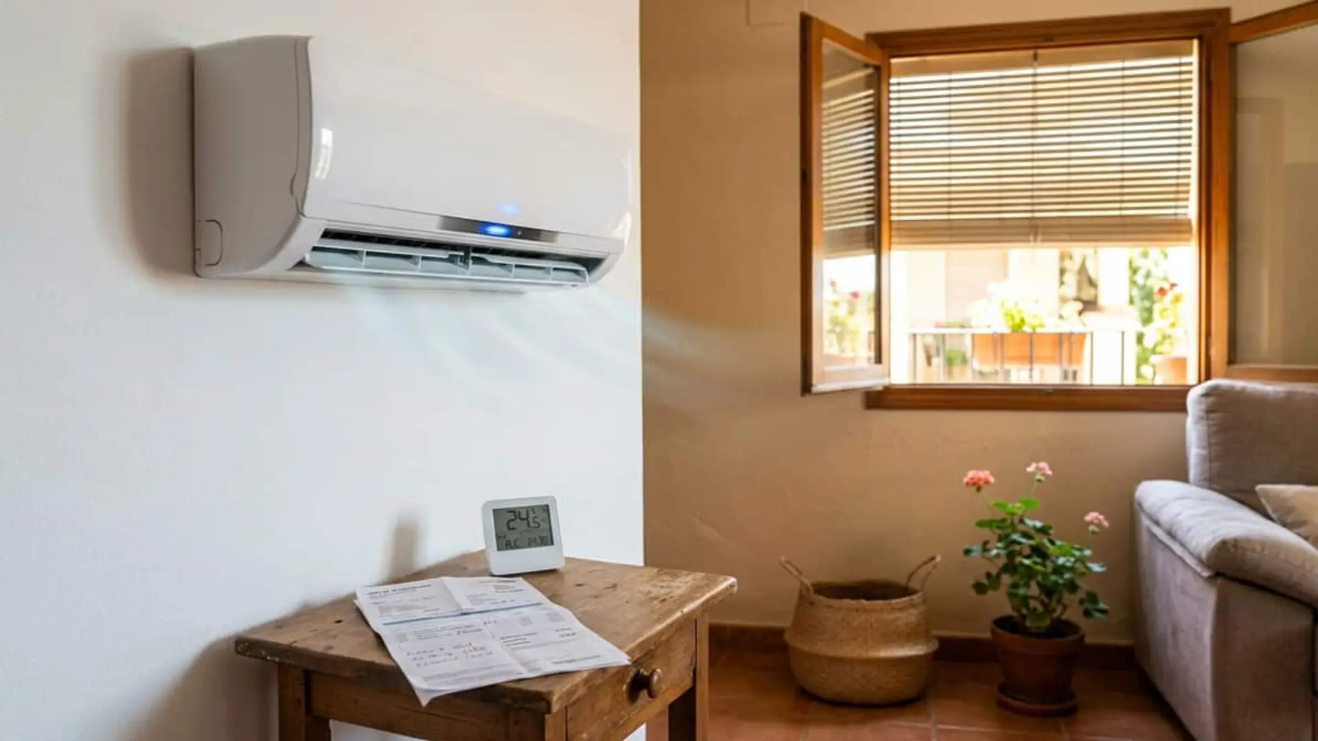 La brecha de la factura de la luz entre provincias llega a 73€/mes por el aire acondicionado con la tarifa regulada Aire acondicionado encendido junto a un termómetro y una factura de electricidad en una vivienda