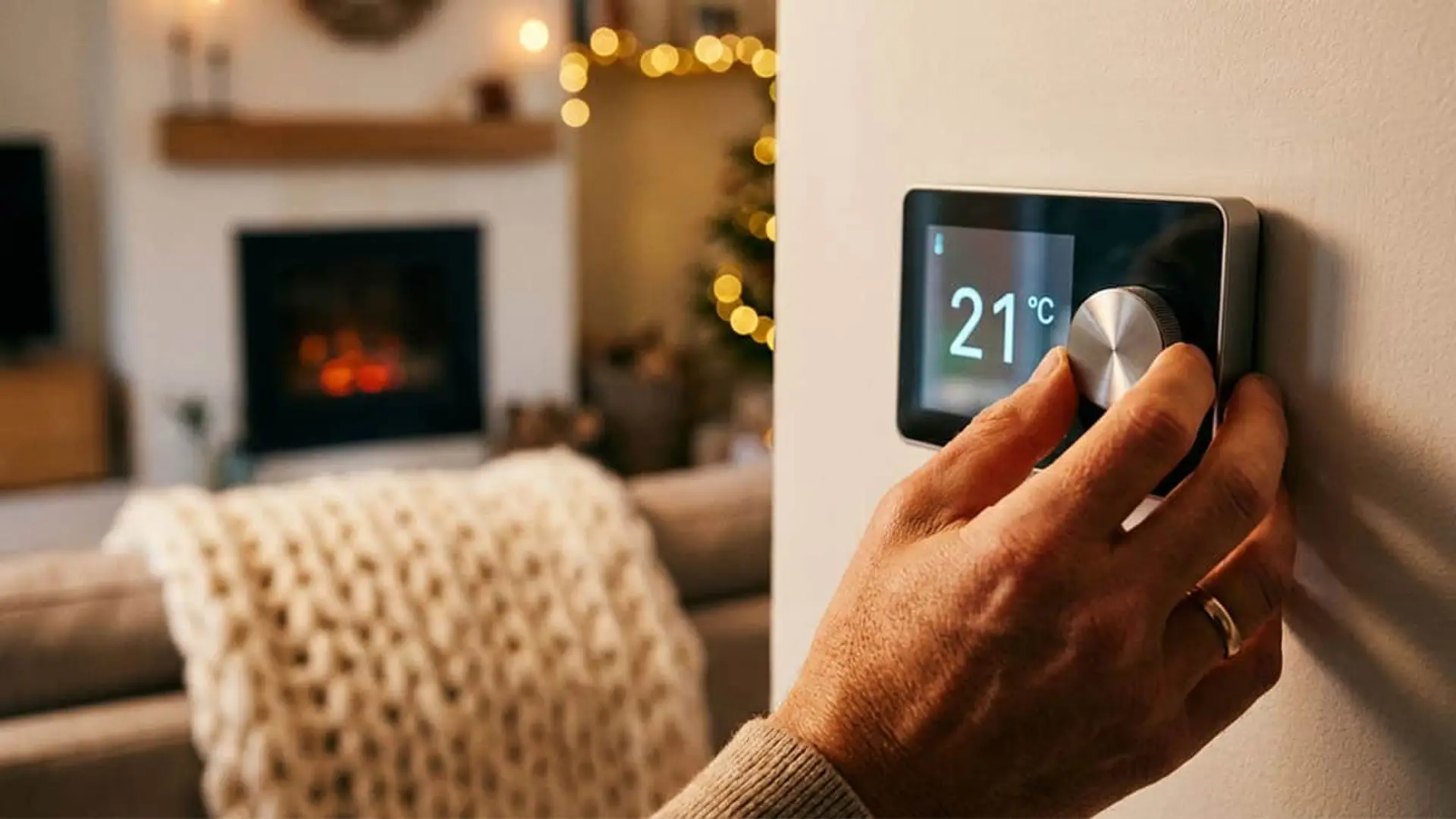 Mano ajustando un termostato digital a 21°C. Control inteligente de calefacción para el ahorro de energía en casa.