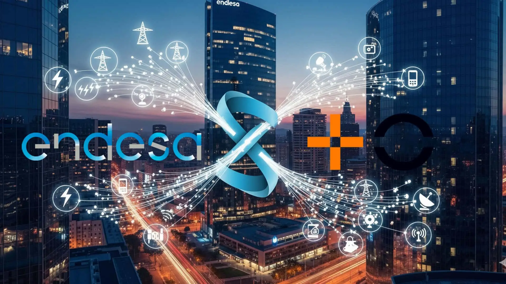 Logos de Endesa y MasOrange sobre un fondo tecnológico que simboliza su alianza estratégica.