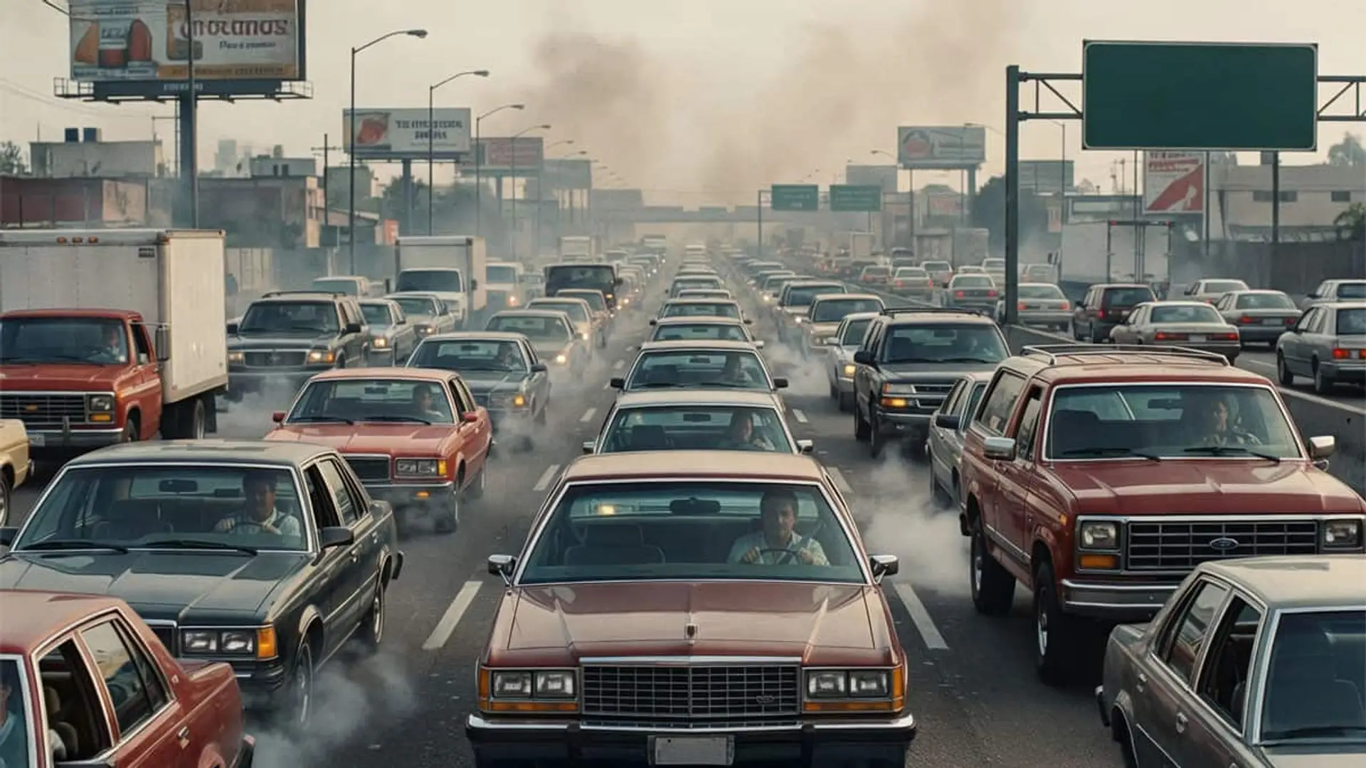 Gran atasco urbano con coches de combustión emitiendo humo y contaminación en una autopista llena de trafico durante la hora punta.
