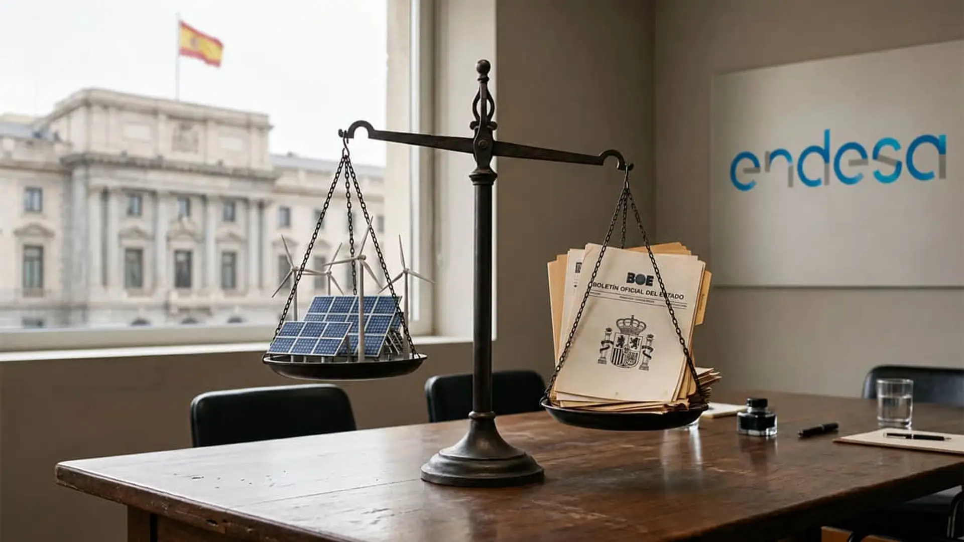 Balanza con paneles solares, aerogeneradores y documentos del BOE junto al logo de Endesa.