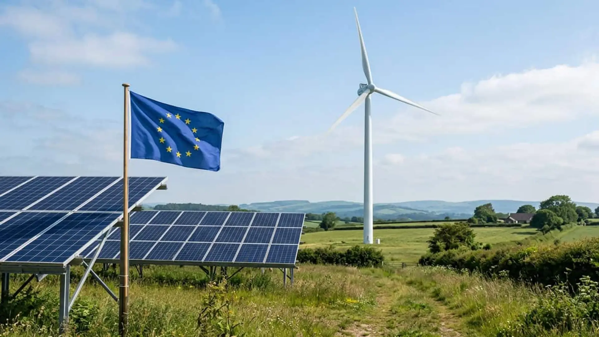Bandera de la Unión Europea junto a paneles solares y un aerogenerador en un entorno rural