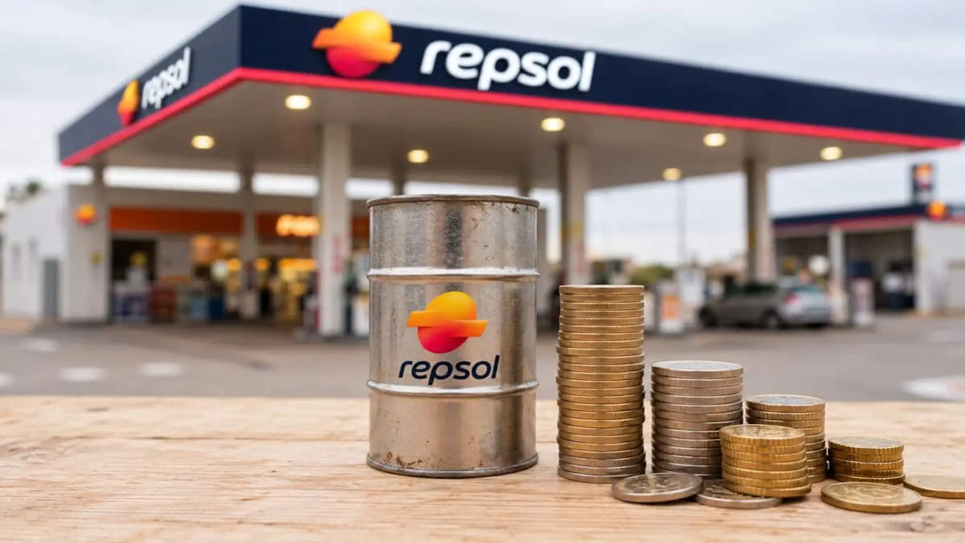 Barril metálico con el logo de Repsol junto a varias pilas de monedas y una gasolinera Repsol al fondo.