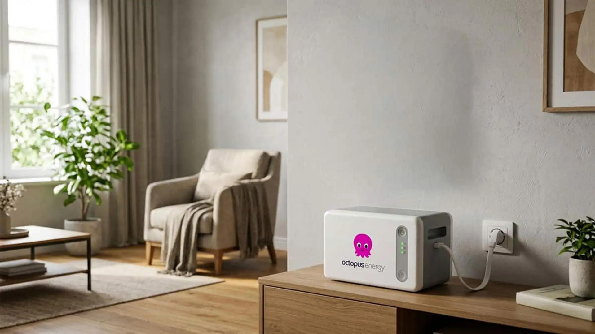 Del enchufe a los 30 kWh: así son las nuevas baterías domésticas de Octopus Energy Batería enchufable de Octopus Energy conectada a una toma de corriente sobre un mueble en un salón