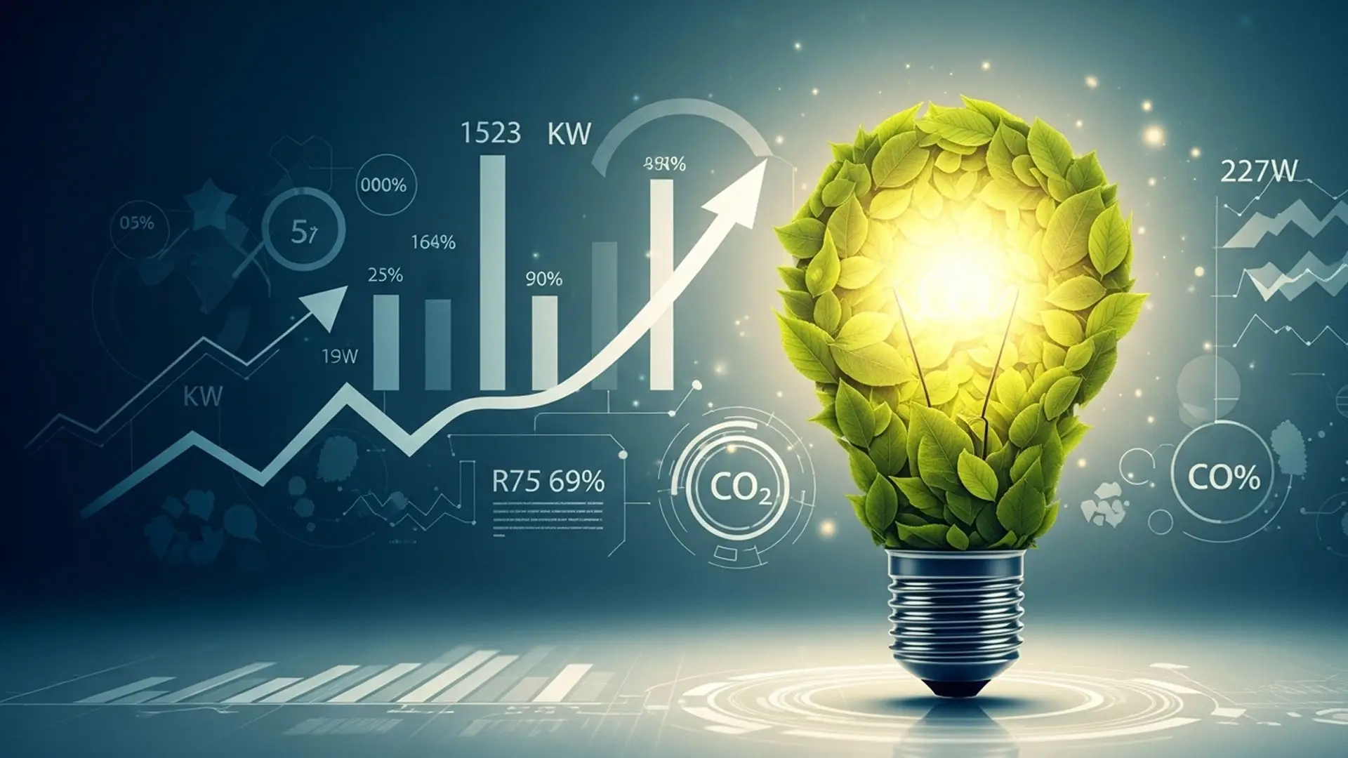 Bombilla formada por hojas iluminada con gráficos de ahorro energético y reducción de CO2.