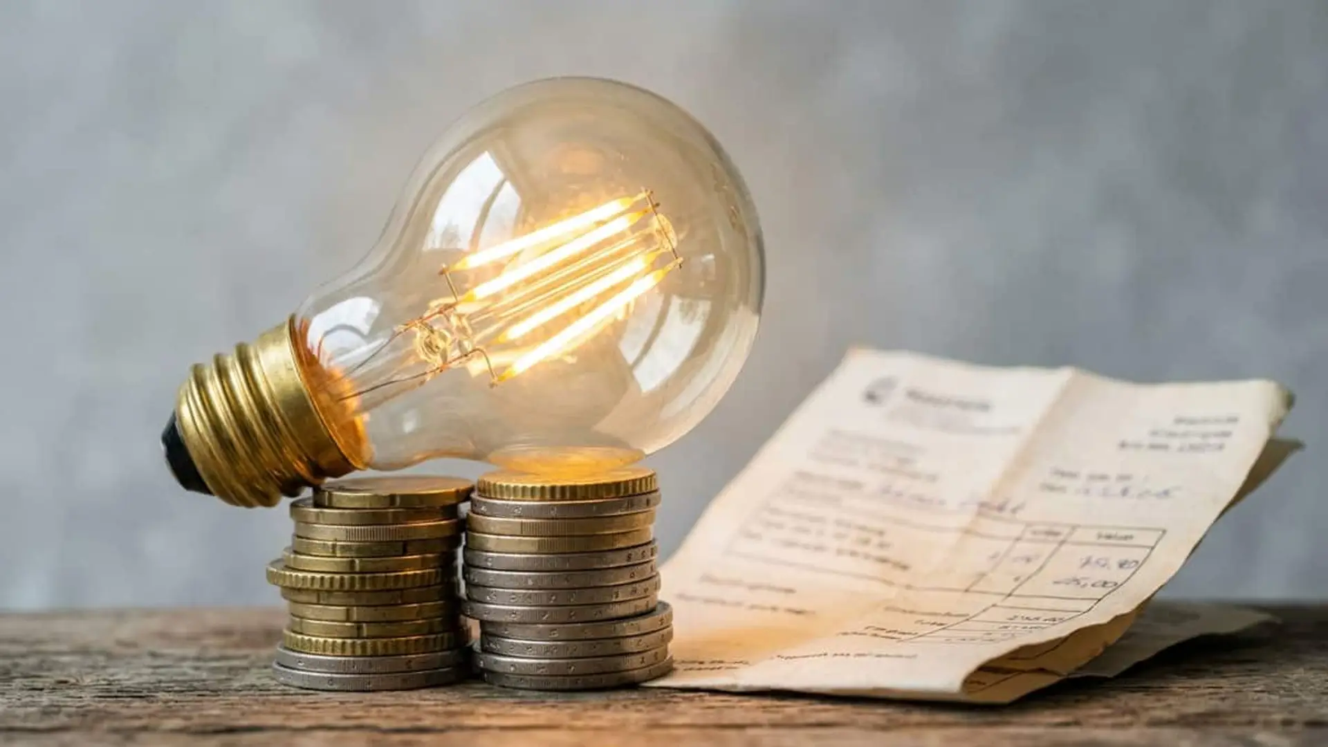 El precio de la luz mayorista supera los 200 €/MWh: por qué sube y cómo afecta al PVPC Bombilla encendida apoyada sobre varias pilas de monedas junto a una factura de electricidad