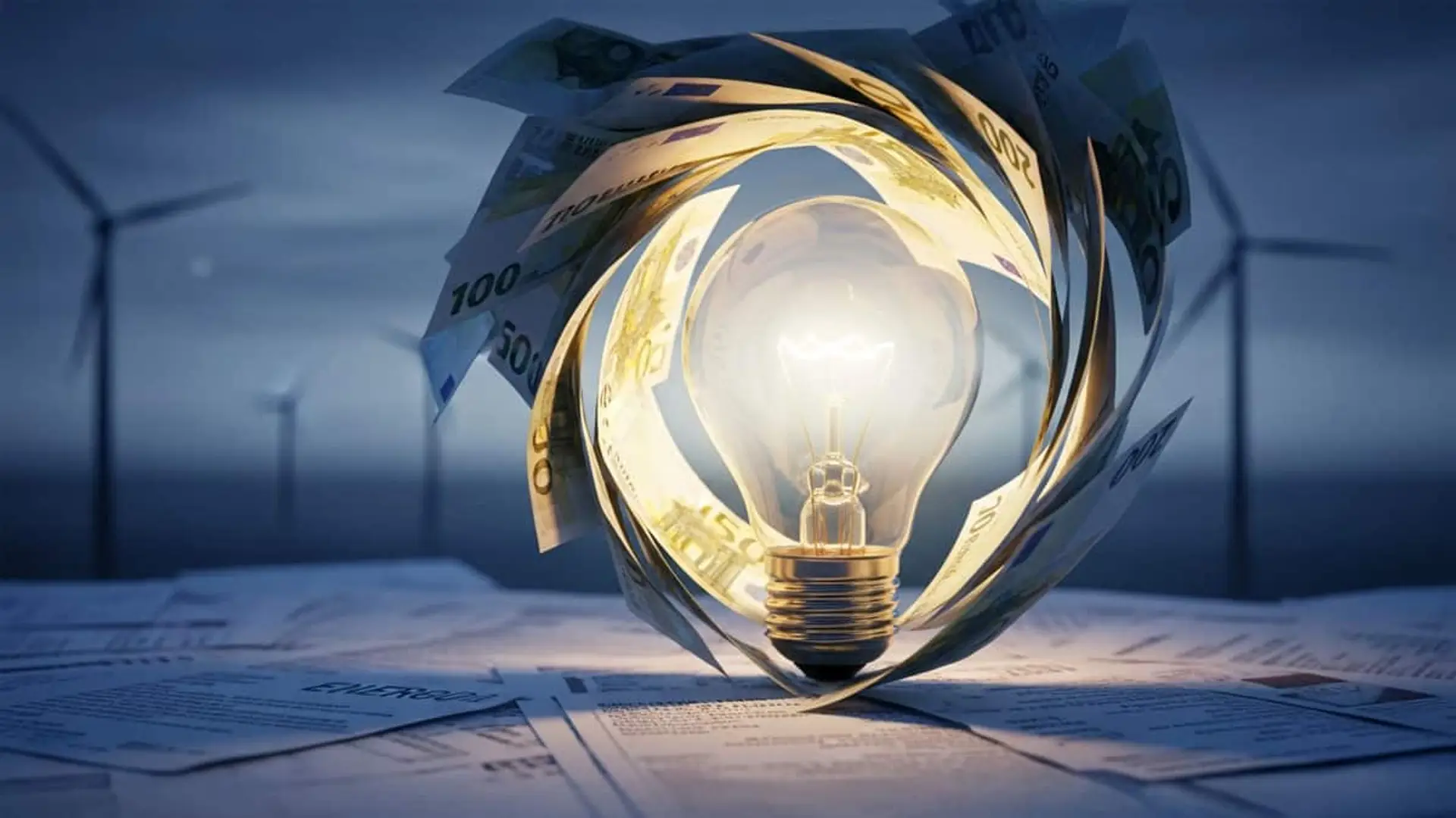 Bombilla encendida rodeada de billetes de euro con un parque eólico desenfocado al fondo.
