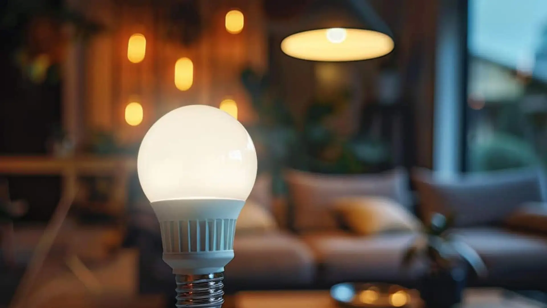 Bombilla led encendida en primer plano con un interior desenfocado al fondo