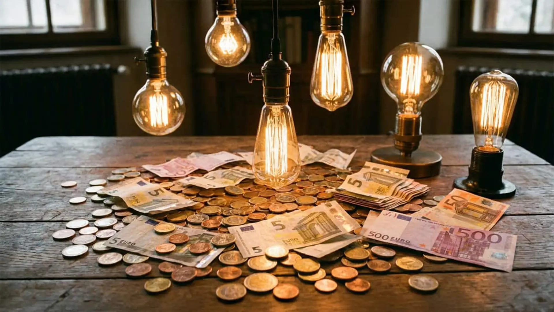 Nuevo precio de la luz en 2026: el Gobierno asegura que pagarás hasta un 10% menos aunque suban los costes fijos Bodegón con varias bombillas de estilo encendidas colgando sobre una mesa llena de monedas y billetes de euro