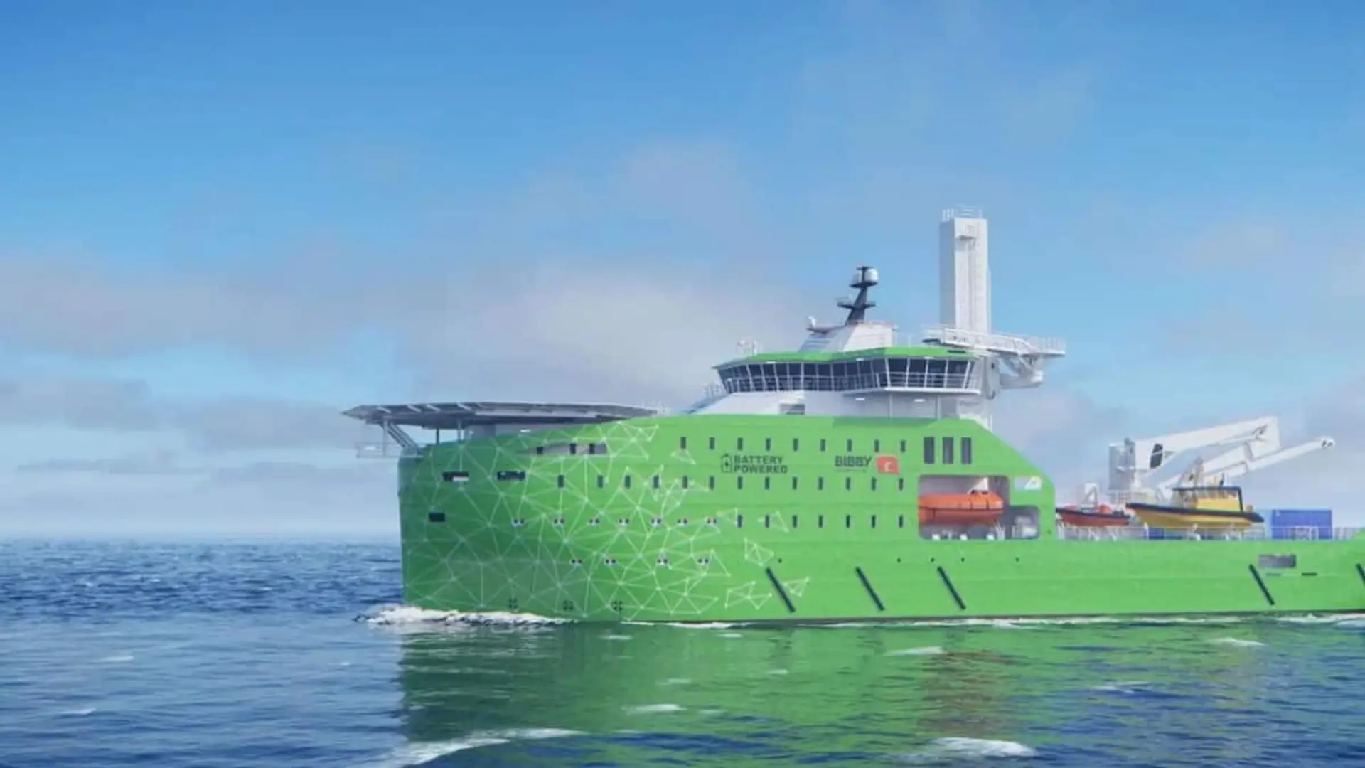 Iberdrola impulsa en Vigo el buque eléctrico con más baterías del mundo en su categoría Buque eléctrico verde de Bibby Marine navegando por el mar