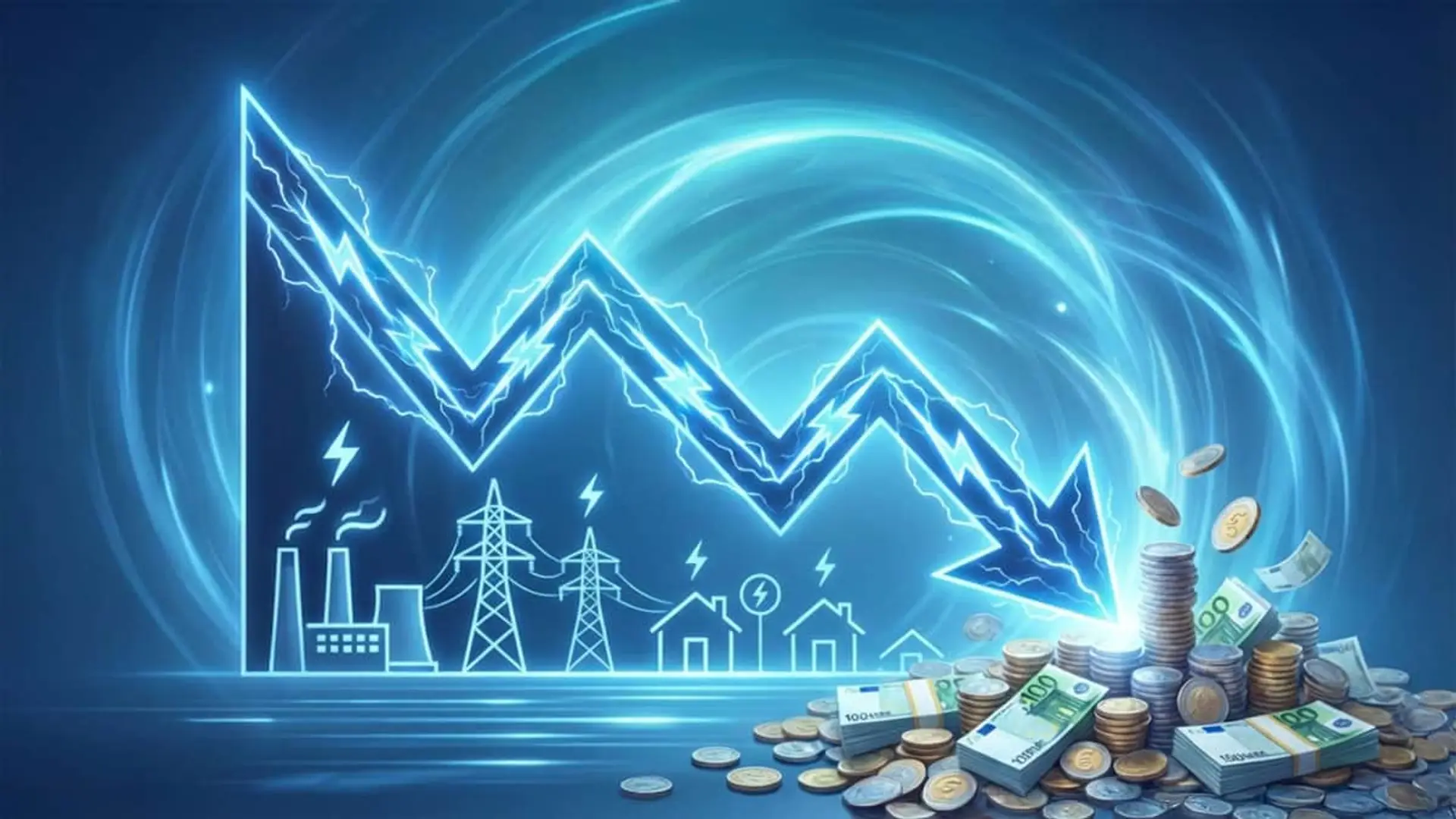 Gráfico de neón con rayo azul descendente indicando la bajada del precio de la luz en el mercado.