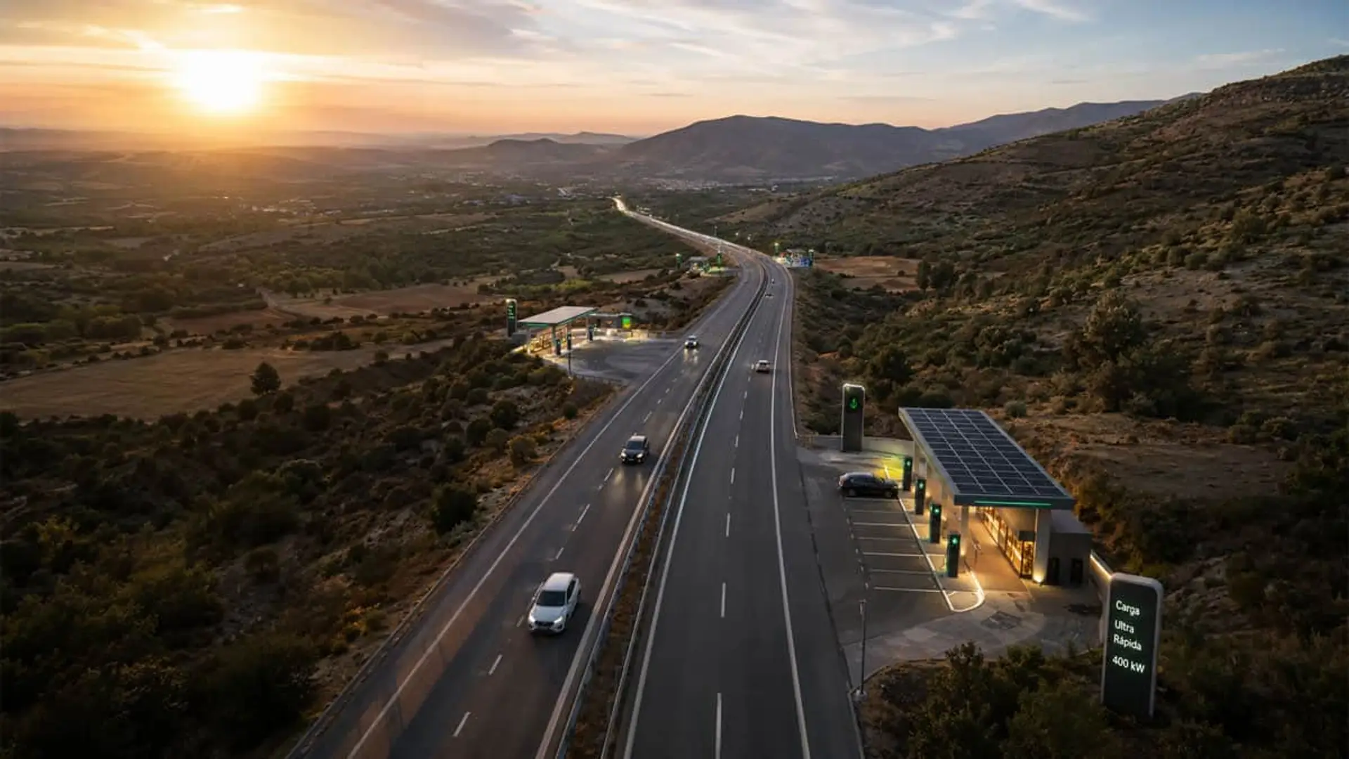 España roza los 57.000 puntos de recarga pública, un 13,86% más que a cierre de 2025 Estación de carga ultrarrápida para coches eléctricos junto a una autopista al atardecer.