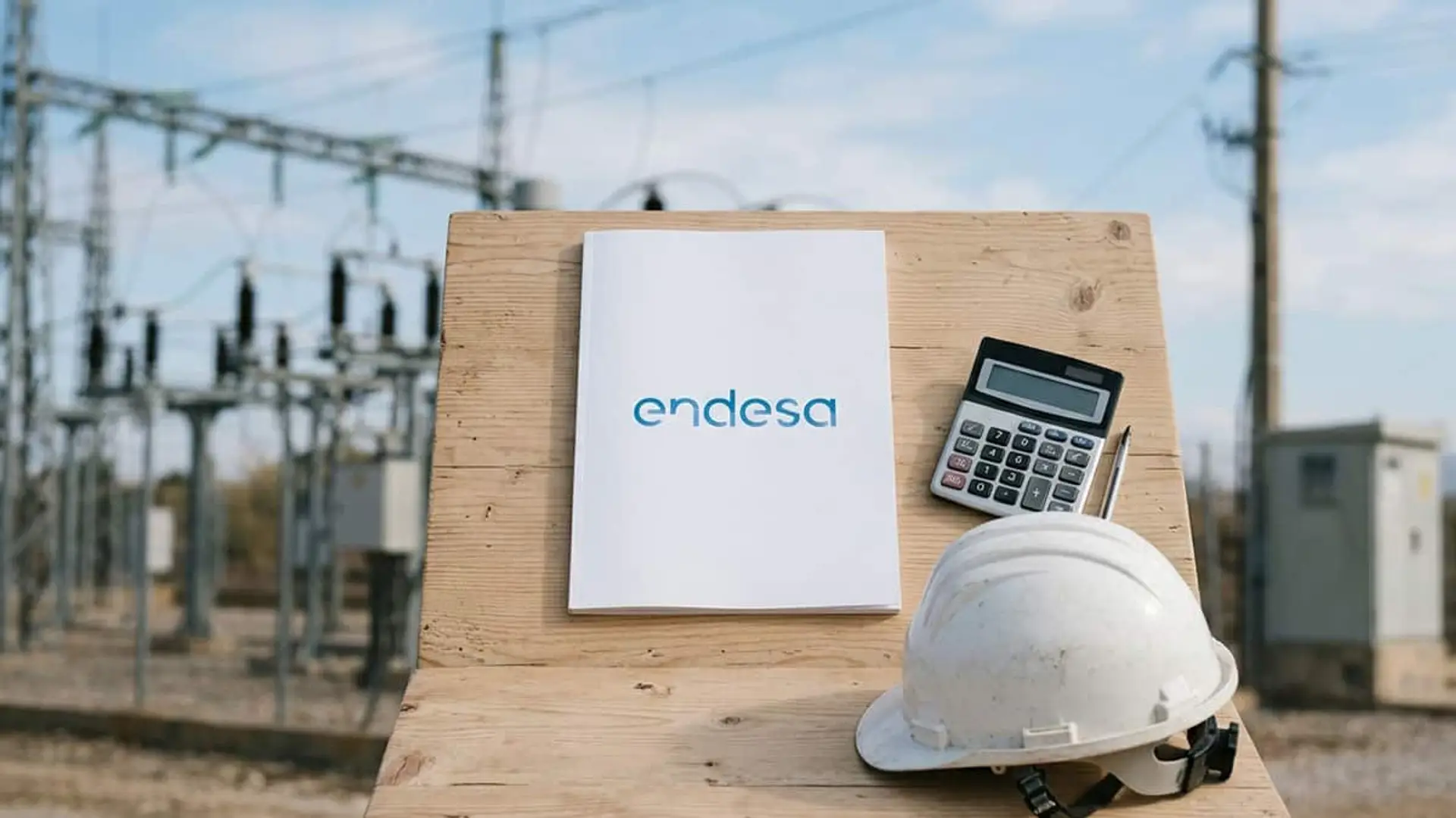 Carpeta con el logo de Endesa, calculadora y casco de seguridad delante de una subestación eléctrica.