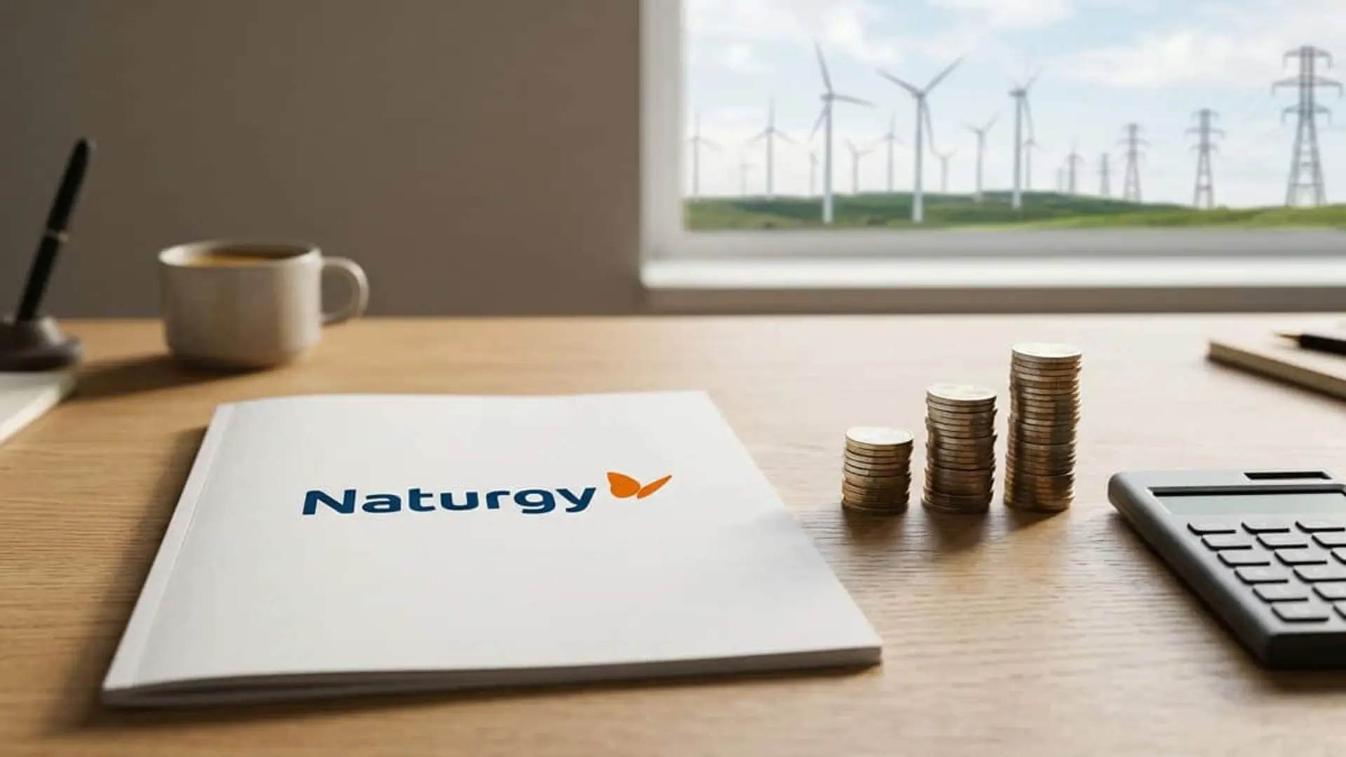 Carpeta con el logo de Naturgy junto a pilas de monedas y una calculadora, con aerogeneradores y torres eléctricas al fondo.