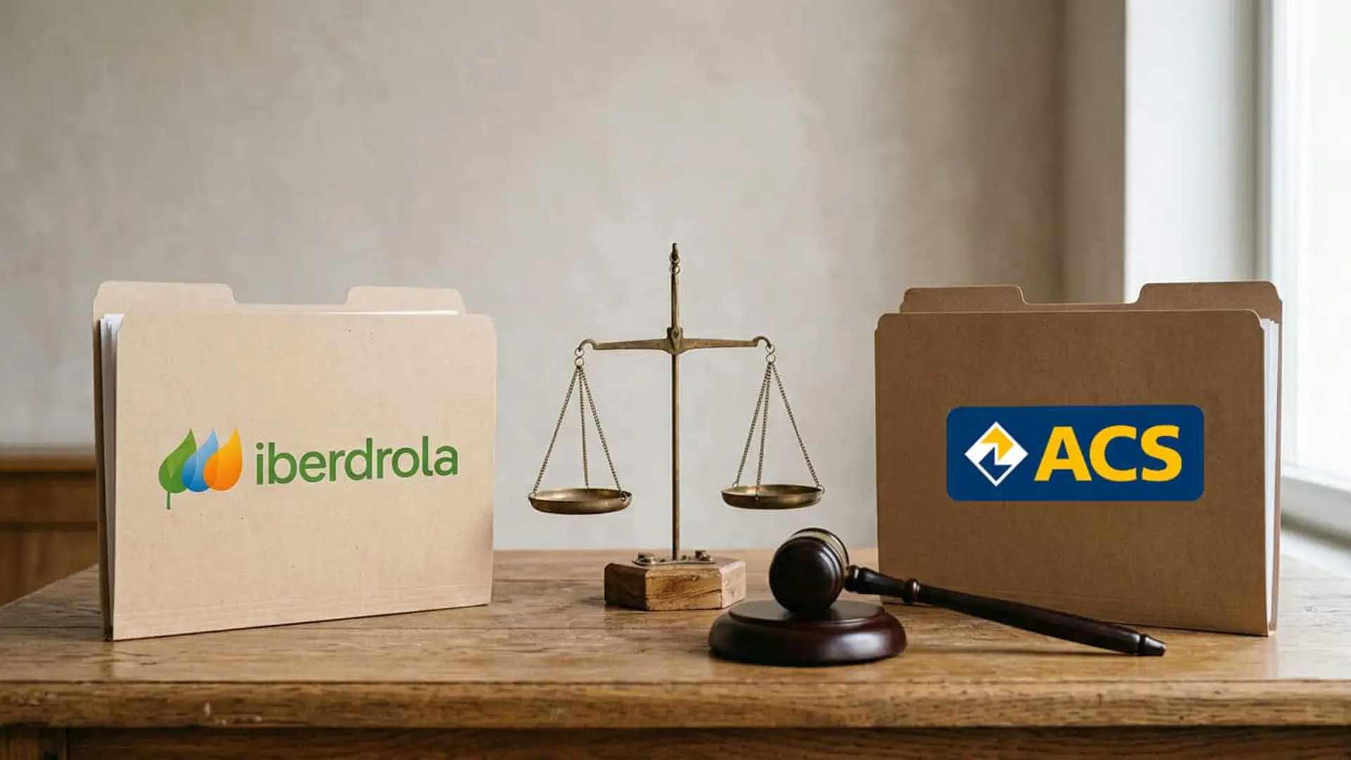 Carpetas de Iberdrola y ACS junto a una balanza de justicia y un mazo sobre una mesa