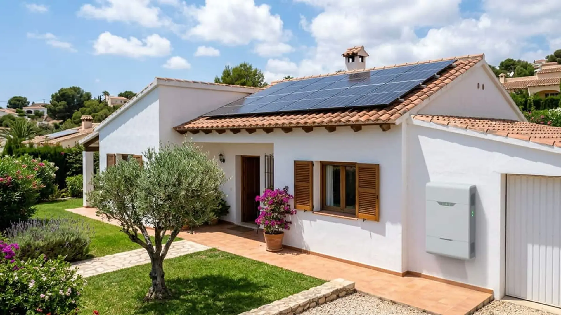 Por primera vez, más de la mitad de los hogares con autoconsumo instalaron batería en 2025 Vivienda unifamiliar con paneles solares en el tejado y una batería de autoconsumo instalada en la pared exterior