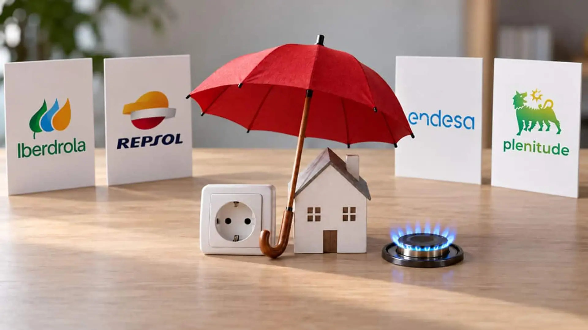 Maqueta de una casa bajo un paraguas rojo, junto a un enchufe y un quemador de gas, con los logotipos de Iberdrola, Repsol, Endesa y Plenitude al fondo.