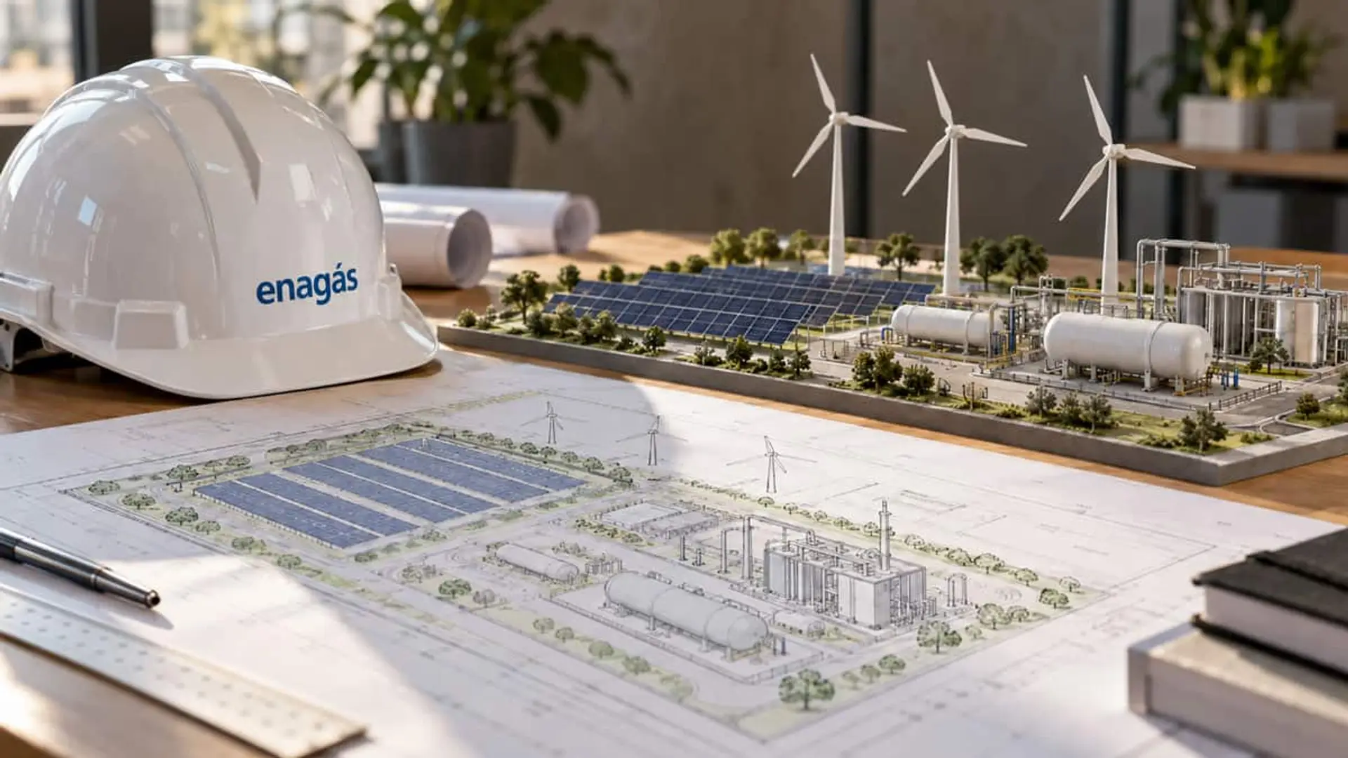 Enagás suma digHy a su apuesta por el hidrógeno verde: entra en el capital de la startup gallega Casco de Enagás junto a una maqueta con paneles solares, aerogeneradores e instalaciones industriales