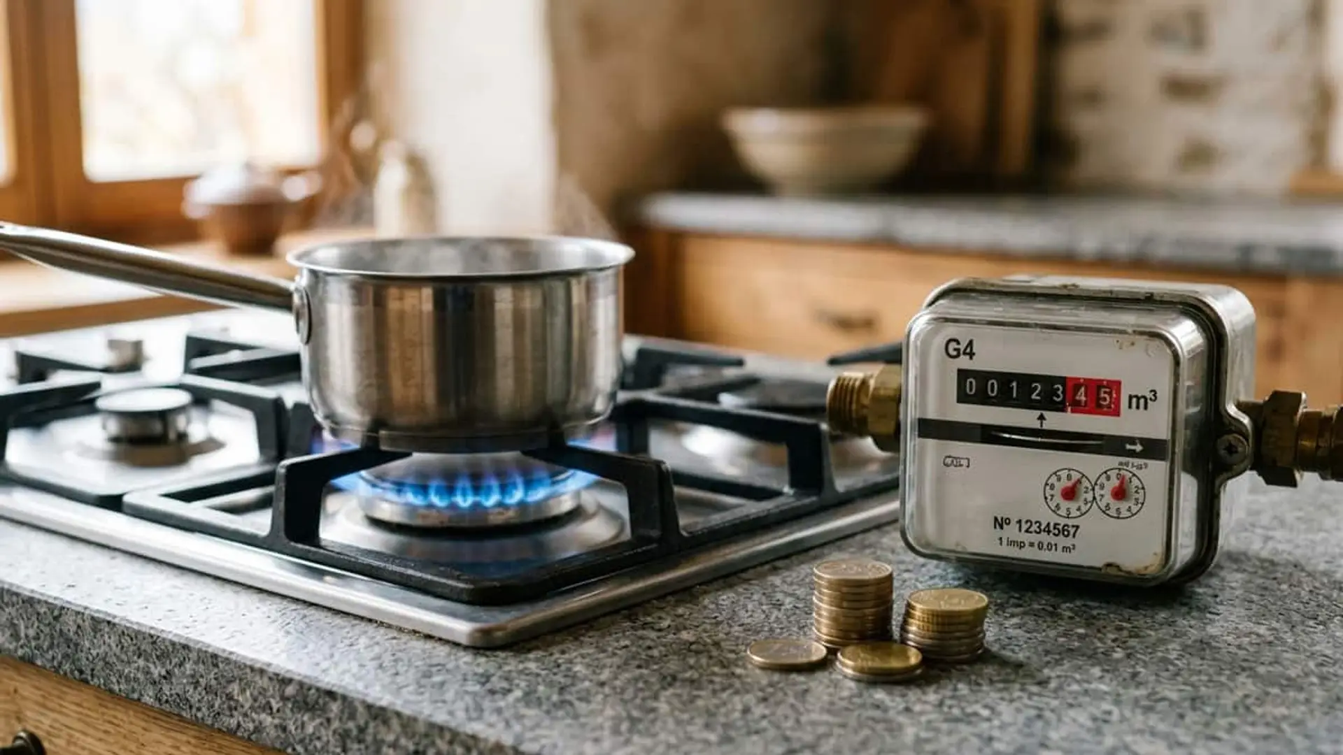 Cazo sobre un fogón de gas encendido, junto a un contador de gas y varias monedas sobre la encimera.