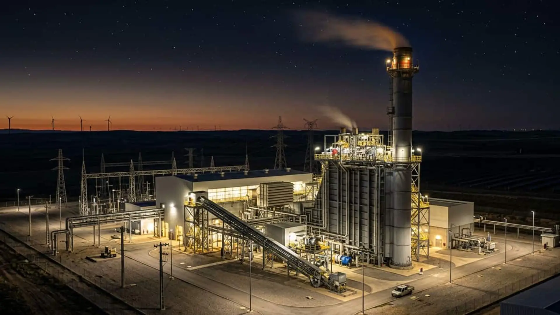 Central eléctrica de ciclo combinado iluminada durante la noche, con chimenea, subestación y aerogeneradores al fondo