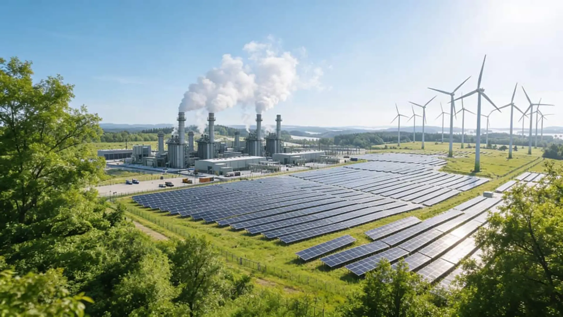 Instalación energética con paneles solares, aerogeneradores y una planta industrial al fondo
