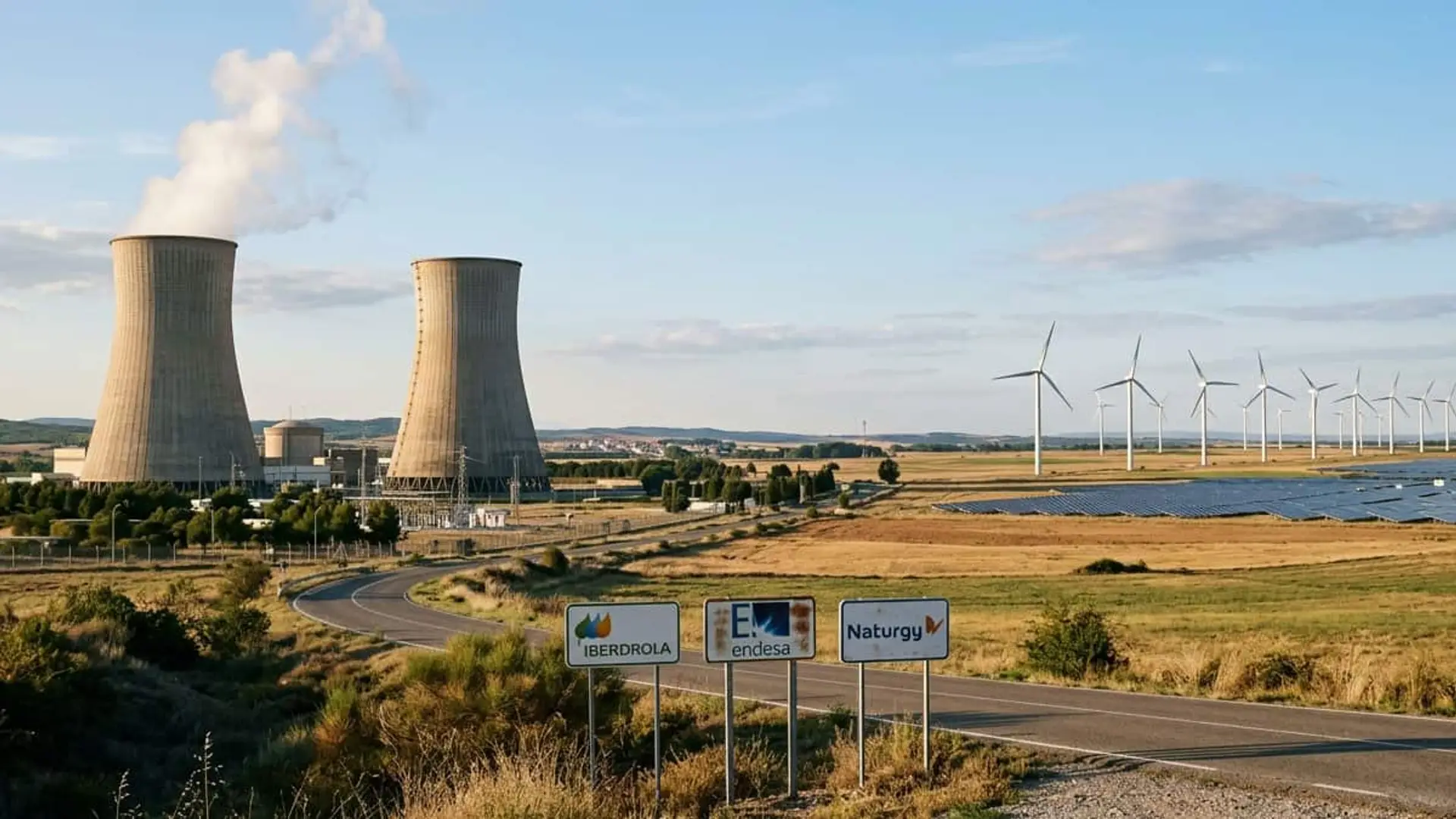 Iberdrola, Endesa y Naturgy reducen el peso de la nuclear desde 2021: todo por las renovables Central nuclear junto a aerogeneradores y paneles solares con carteles de Iberdrola, Endesa y Naturgy