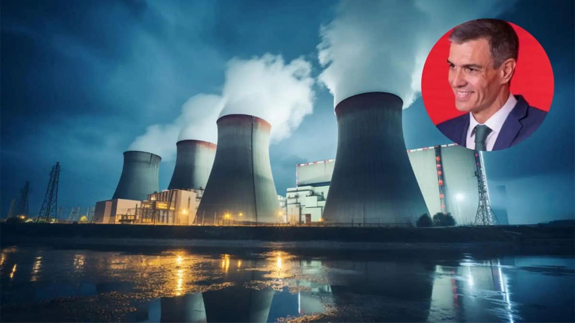 Central nuclear en funcionamiento durante la noche con un retrato de Pedro Sánchez en montaje visual