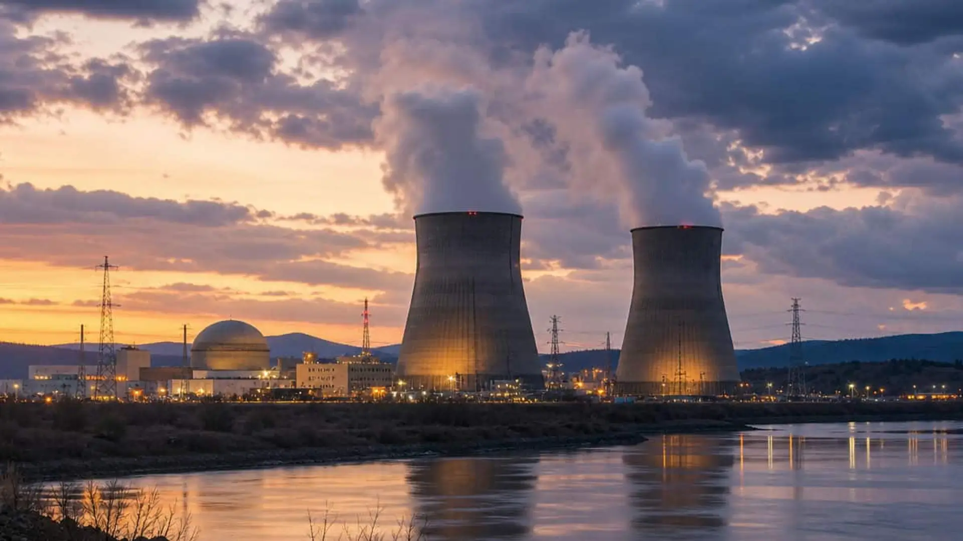 La prórroga de Almaraz reabre el debate: qué pasa ahora con el calendario de cierre de nucleares Central nuclear con dos torres de refrigeración expulsando vapor junto al agua durante el atardecer