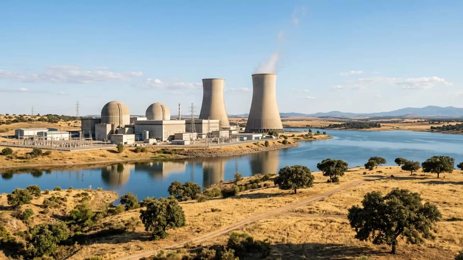 El Gobierno alarga Almaraz hasta 2030, pero mantiene el cierre definitivo del parque nuclear en 2035 Central nuclear con dos torres de refrigeración junto a un embalse y rodeada de campos