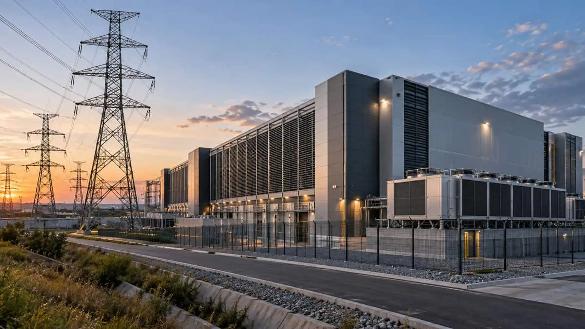 El Gobierno suaviza el decreto de centros de datos: más plazo, pero desconexiones sin compensación Centro de datos industrial junto a torres y líneas de alta tensión eléctrica al atardecer.