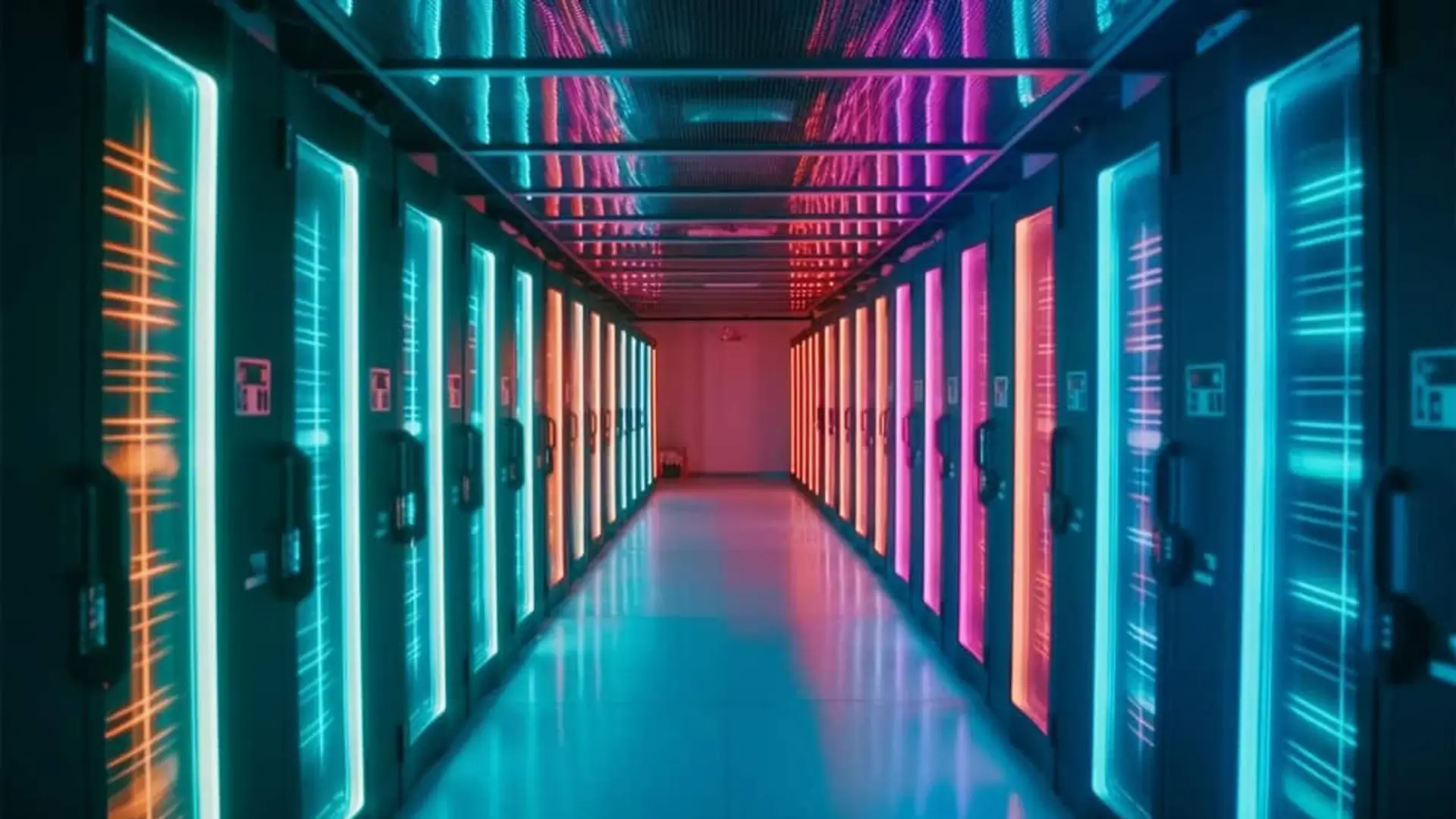 Acuerdo clave de TotalEnergies: suministrará energía renovable a estos centros de datos en España Pasillo de un centro de datos con servidores iluminados en tonos azul y rosa.