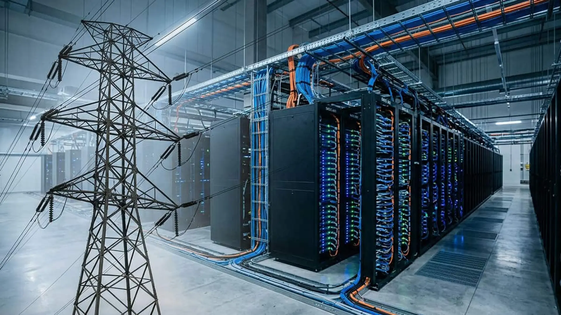 Centro de datos con servidores y torres de alta tensión para representar su consumo eléctrico