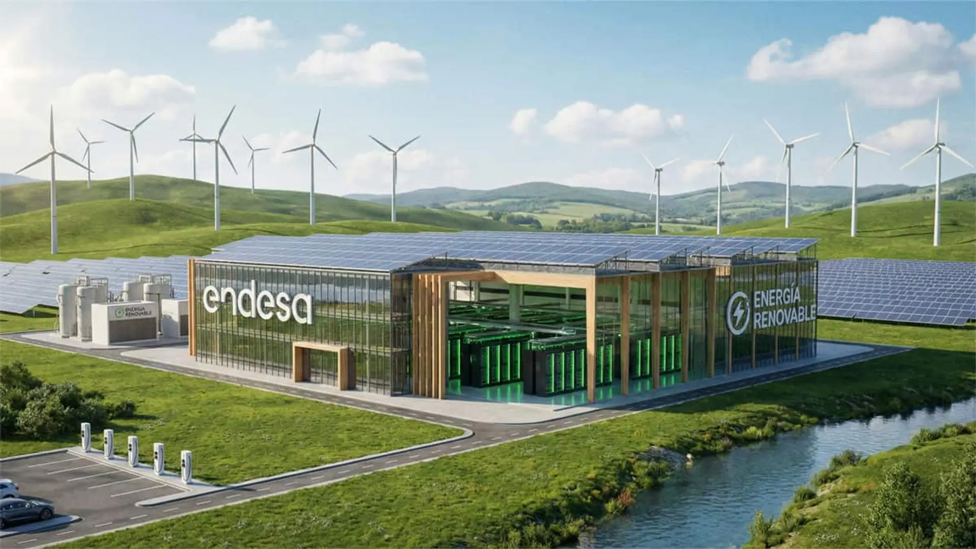 Endesa avisa: en vez de exportar energía barata, España debe usarla para atraer los centros de datos del futuro Instalación de Endesa integrada con paneles solares y aerogeneradores, representando un centro de datos alimentado por energía renovable.